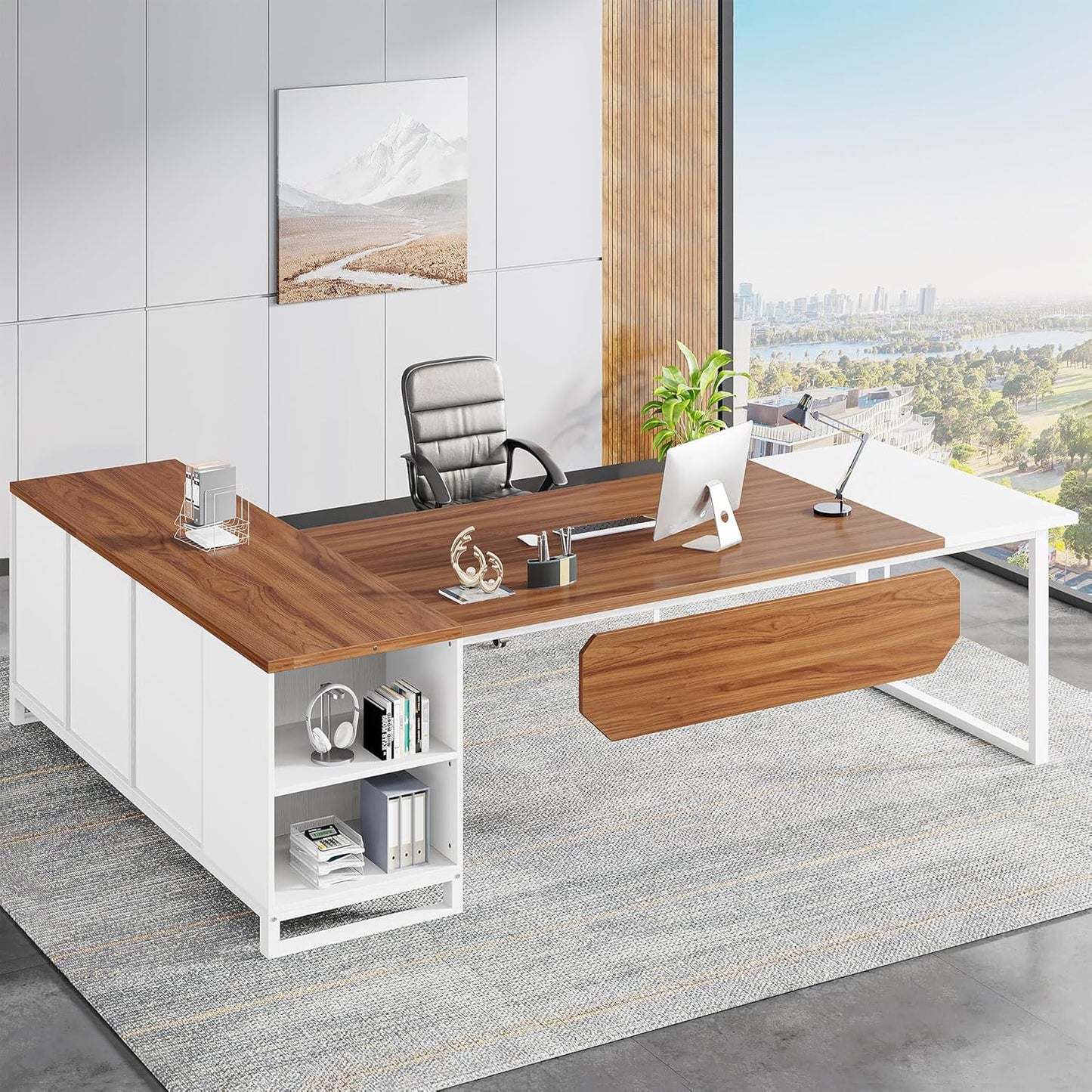 Tribesigns 70.8" L-Shaped Executive Desk with 55" File Cabinet, Large Home Office Computer Desk with Storage Shelves and Cabinet, Modern Business Furniture Set Home Office, Walnut White