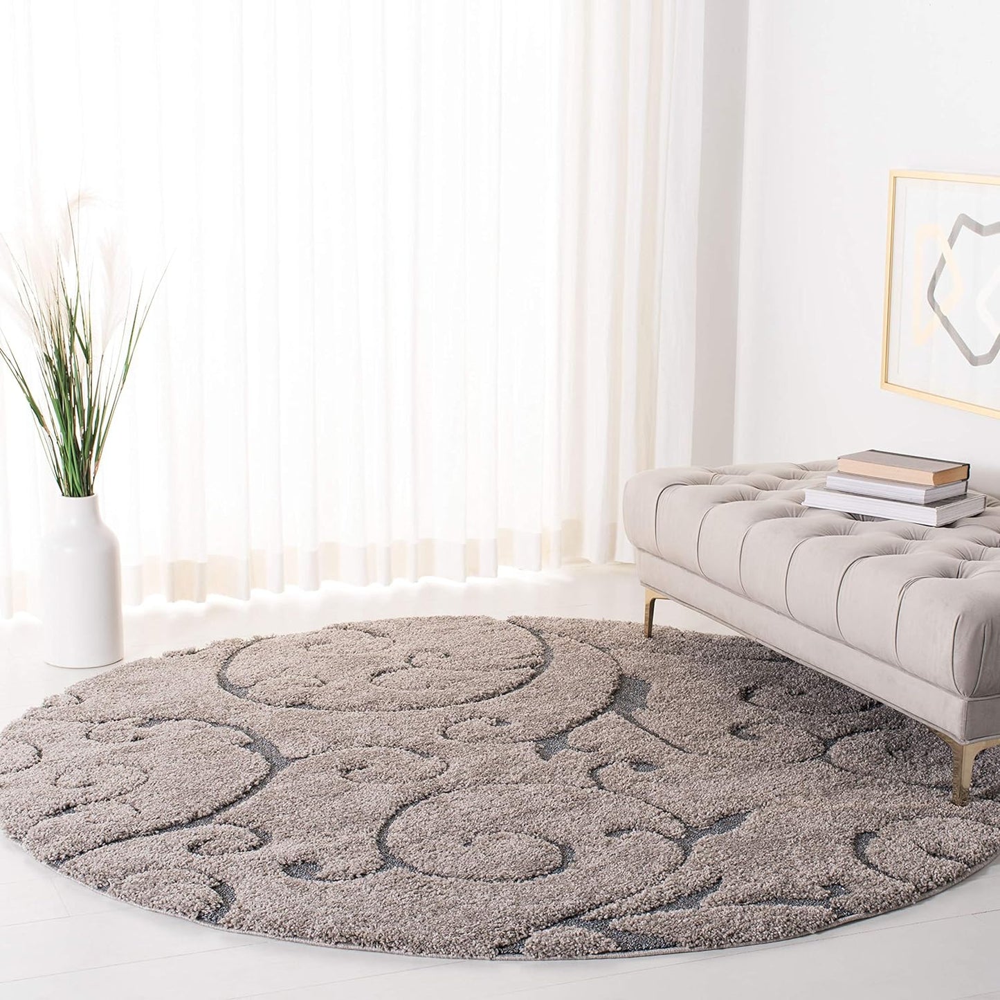 SAFAVIEH Florida Shag Collection Area Rug - 10' Round, Grey & Light Blue, Scroll Design, Non-Shedding & Easy Care, 1.2-inch Thick Ideal for High Traffic Areas in Living Room, Bedroom (SG455-1160)