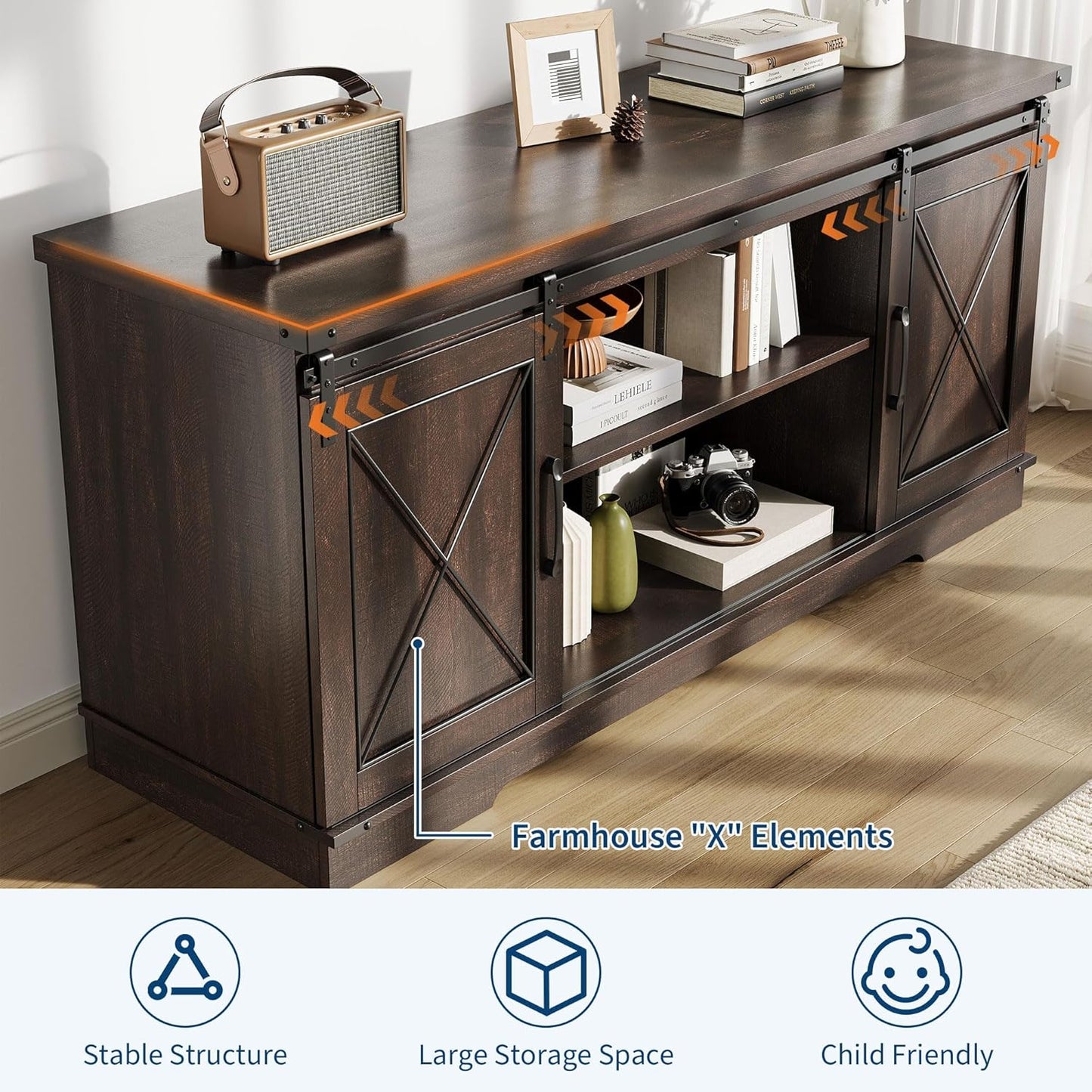 GAOMON Farmhouse 59" TV Stand Up to 65 Inches, Mid Century Modern TV Entertainment Center with Storage Cabinets & Open Shelves, Wood TV Cabinet for Living Room, Brown