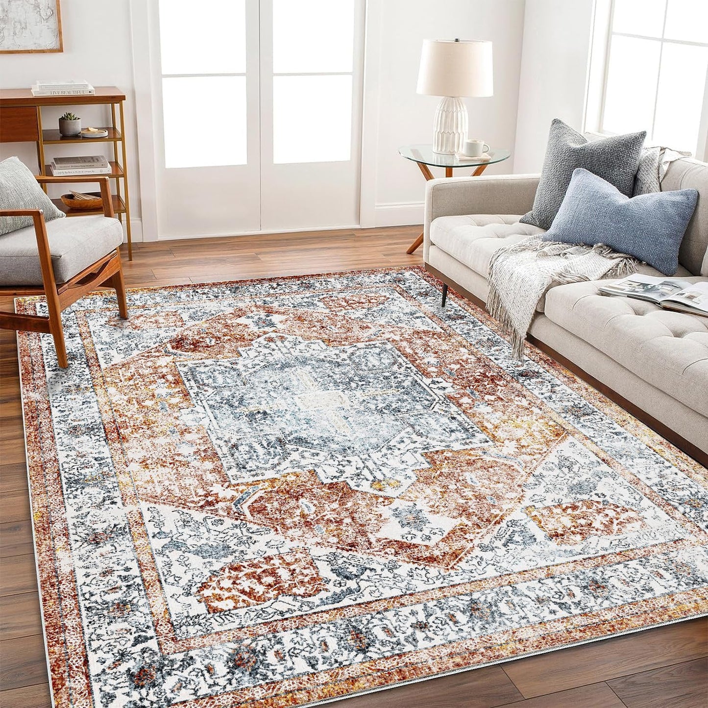 5x7 Washable Area Rug Vintage Traditional Floor Cover Foldable Thin Rug Retro Kitchen Accent Rug Indoor Distressed Non Slip Carpet Floral Print Mat Bedroom Living Room Bathroom