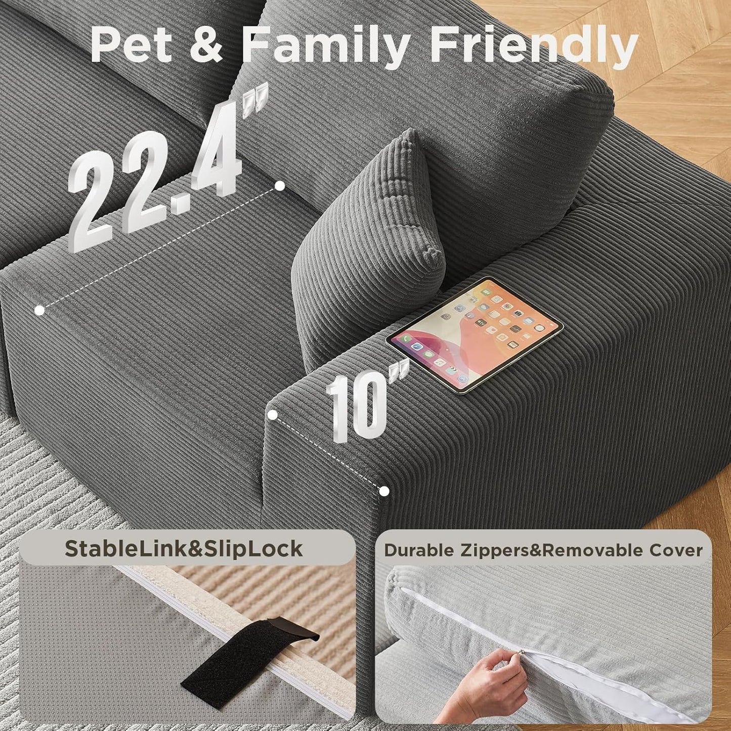 INGEROOM 79" Cloud Couch, Loveseat Sofa with Deep Seat, Modern Plush Corduroy Small Couch for Living Room Bedroom（Dark Gray）