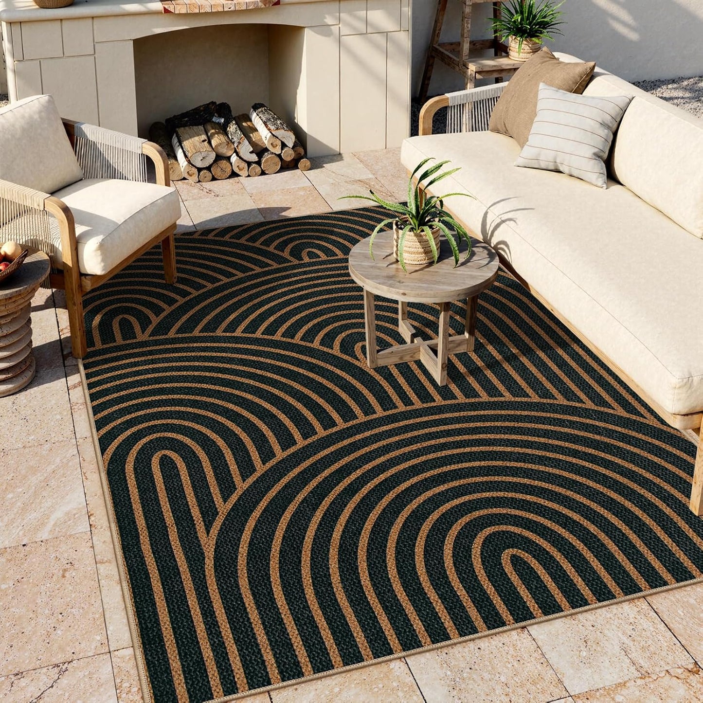 Lahome Modern Rainbow Easy Jute Carpet, Washable 5x7 Area Rugs for Living Room Black Farmhouse Dining Room Rug, Contemporary Natural Throw Mat Non Slip Floor Carpet for Office RV Patio