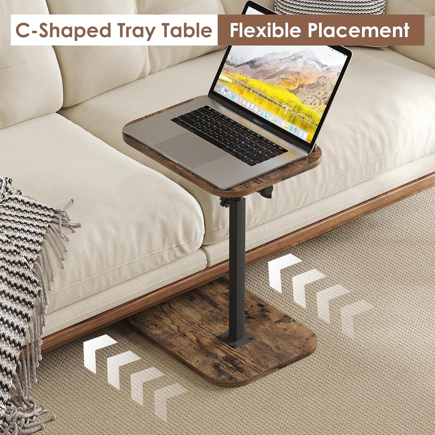 Sofa Couch Arm Table Tv Tray Small Bed Stand C Shaped Side End Tables for Living Room, Bedroom, Bedside Rustic