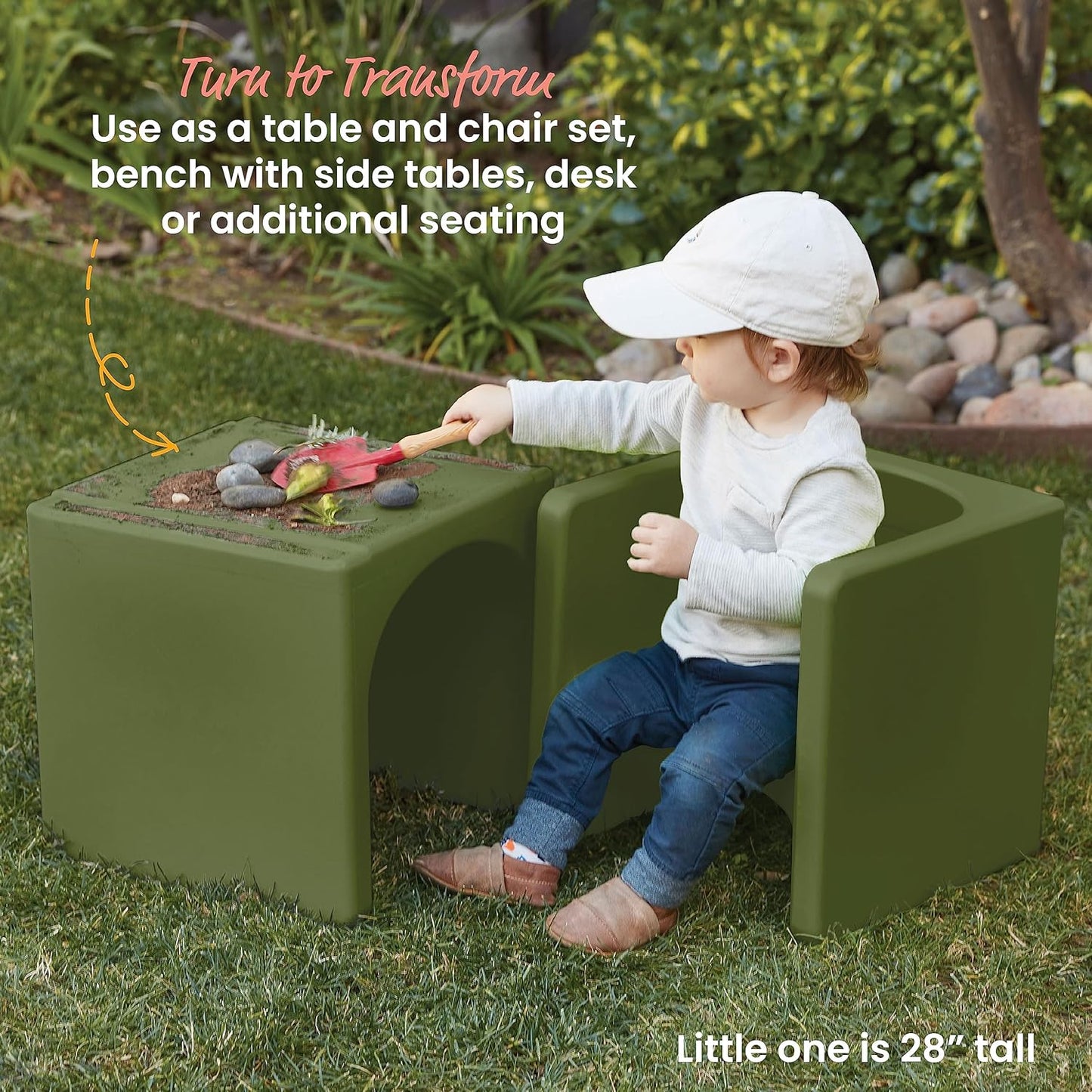 ECR4Kids Tri-Me Table and Cube Chair Set, Multipurpose Furniture, Hunter Green, 3-Piece