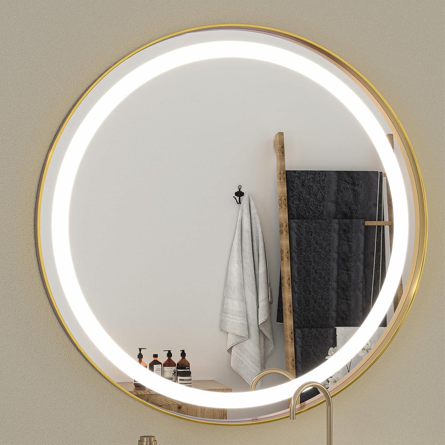 Hasipu 24 Round LED Mirror for Bathroom with Lights, Gold Circle Vanity Mirror for Wall, Metal Framed Frontlit Bathroom Mirrors Anti-Fog, Dimmable, 3 Colors Makeup Mirror Wall Mounted