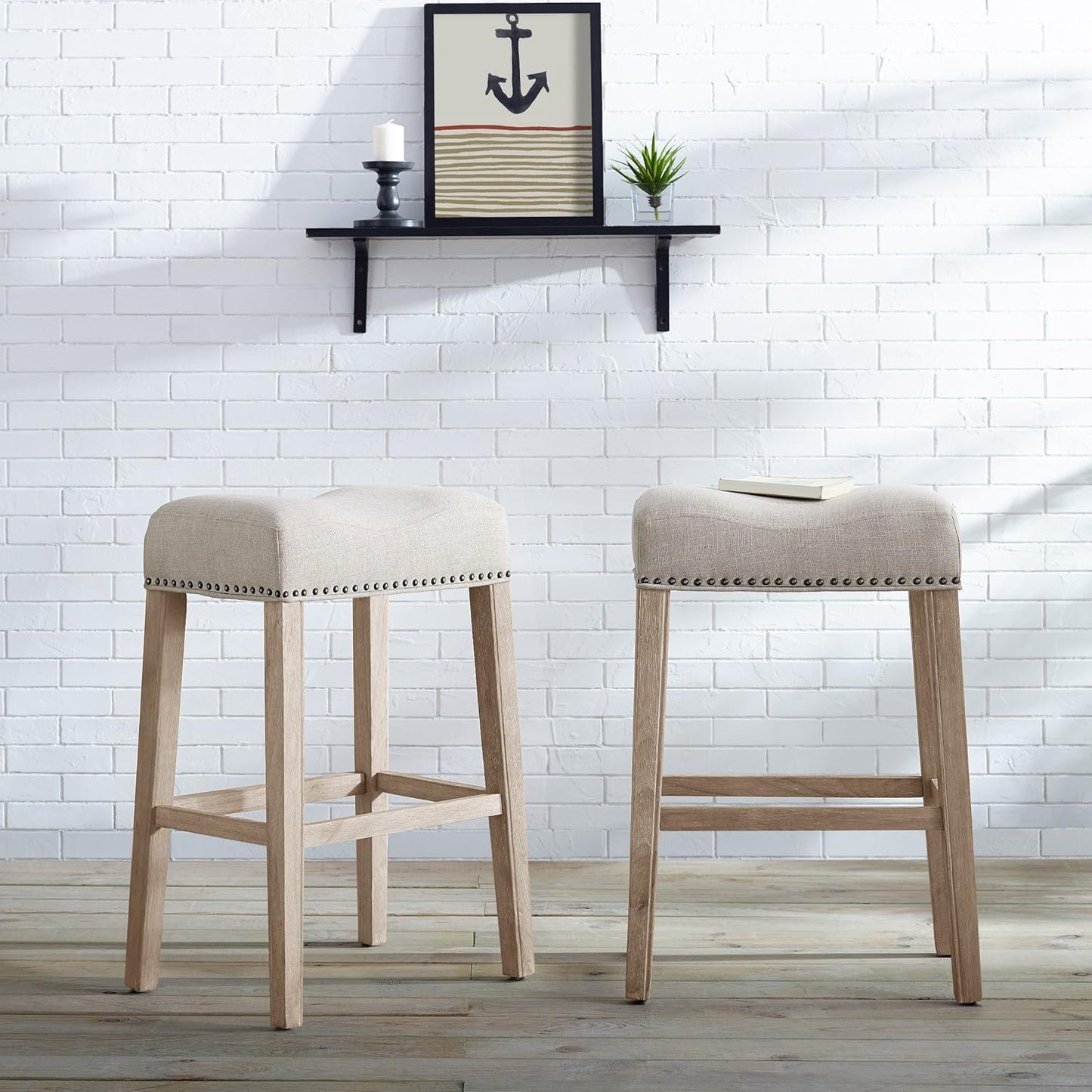 Roundhill Furniture Coco Upholstered Backless Saddle Seat Bar Stools 29" Height, Set of 2, Tan