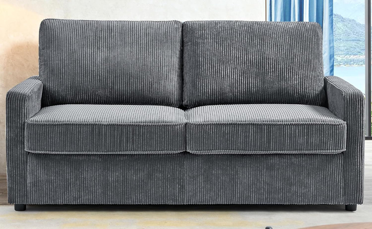 Reversible Sleeper Sofa Bed with Comfortable Memory Foam Mattress, Convertible Corduroy Full Size Pull Out Couch for Living Room, Space Saving Furniture, 70" Wide, Rectangular Arms, Grey