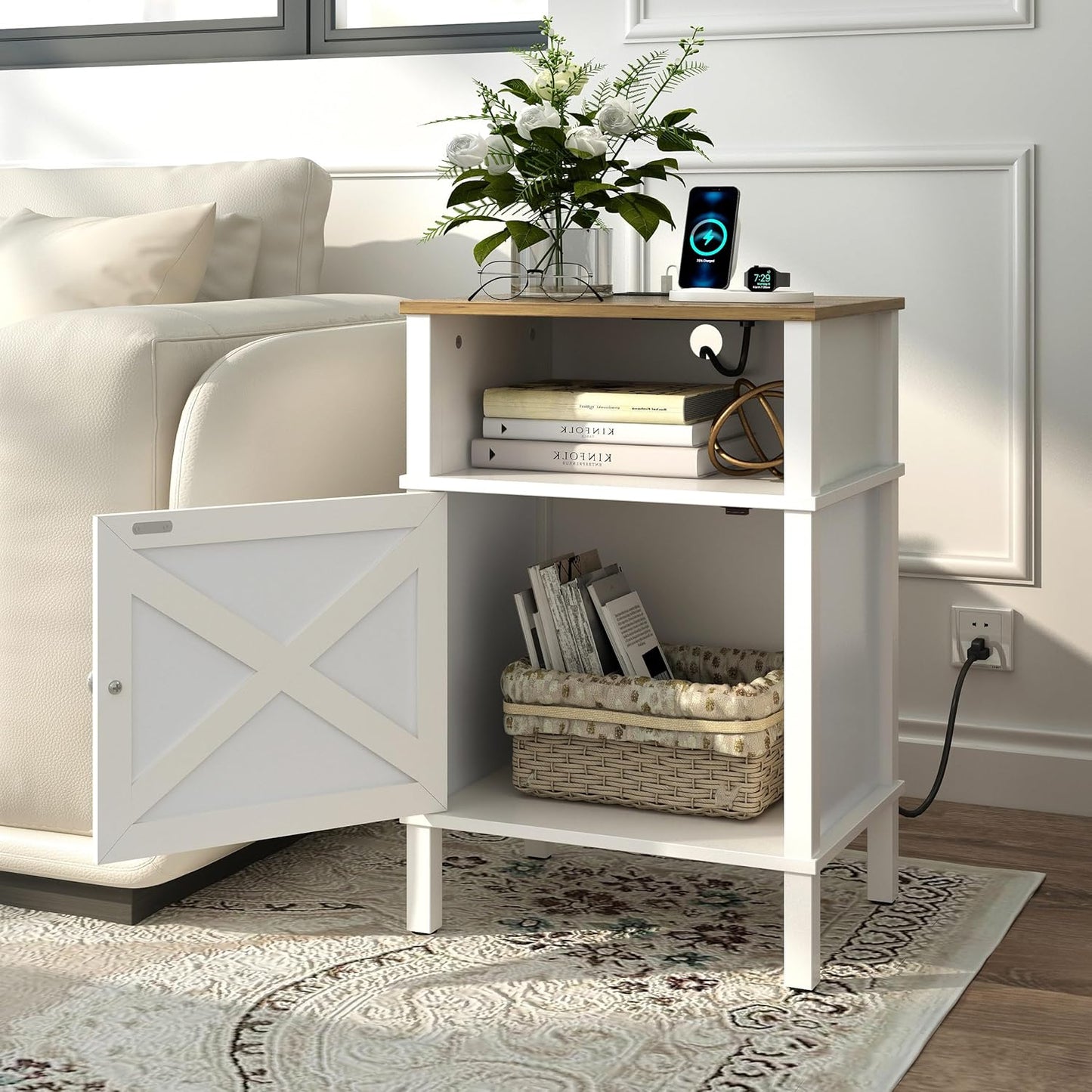 Farmhouse Nightstand with Charging Station, White Bedside Table with USB&Type-C Ports and Outlets, End Table with Storage, Night Stand for Bedroom, White and Rustic Brown WGBZ0601WFE