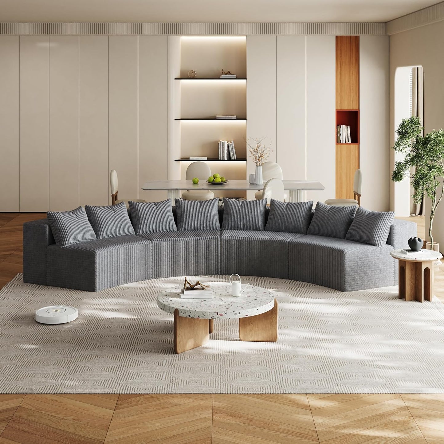 KEIKI Corduroy Curved Sectional Sofa, 4 Seater Symmetrical Modular Semi Circular Couch, Deep Seat Tufted Corner Sofa for Living Room, Lobby, Gray