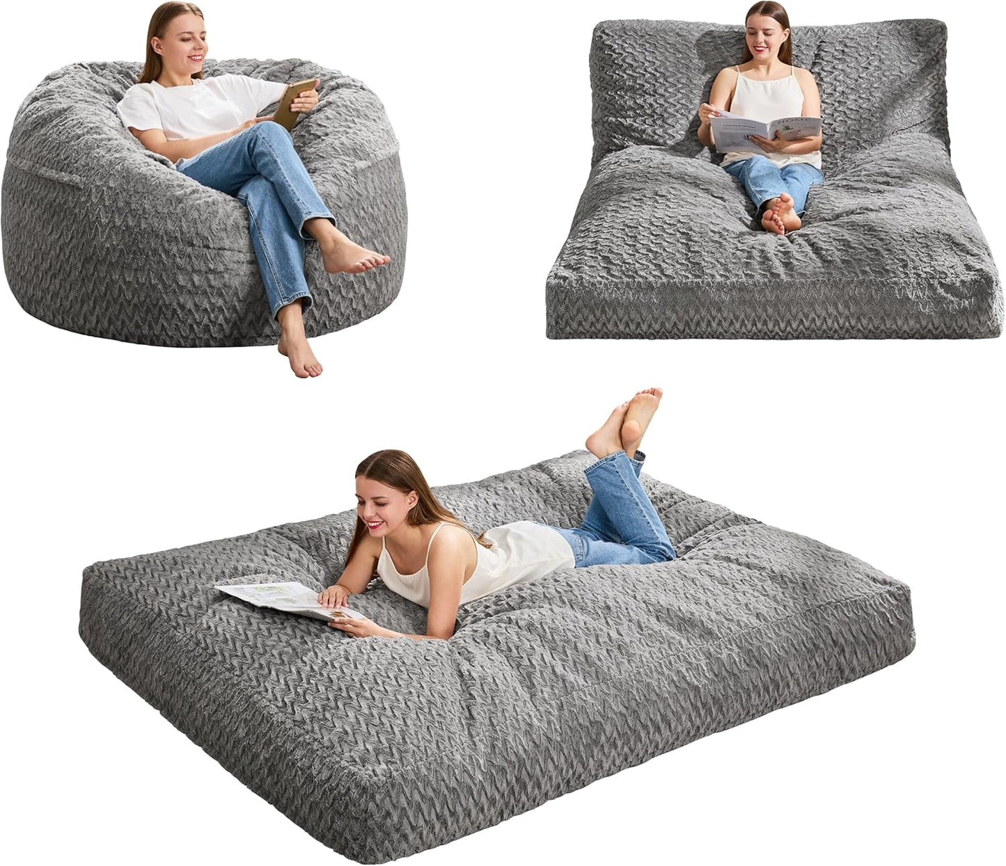 Hobestluk Bean Bag Chair Convertible Beanbag Chairs for Adults, 3 in 1 Bean Bags with Plush Chevron Cover, Adult Bean Bag Chair for Living Room, Bedroom (Grey, Full)