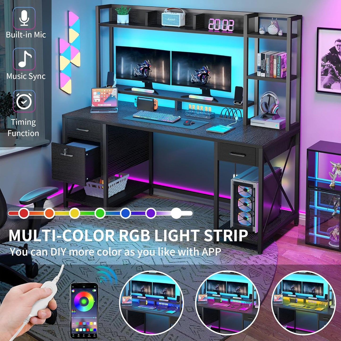 DWVO Computer Desk with Drawers & Hutch, 59.1" Office Desk with Power Outlets & LED Lights, Home Office Desk with Storage Shelves, Black