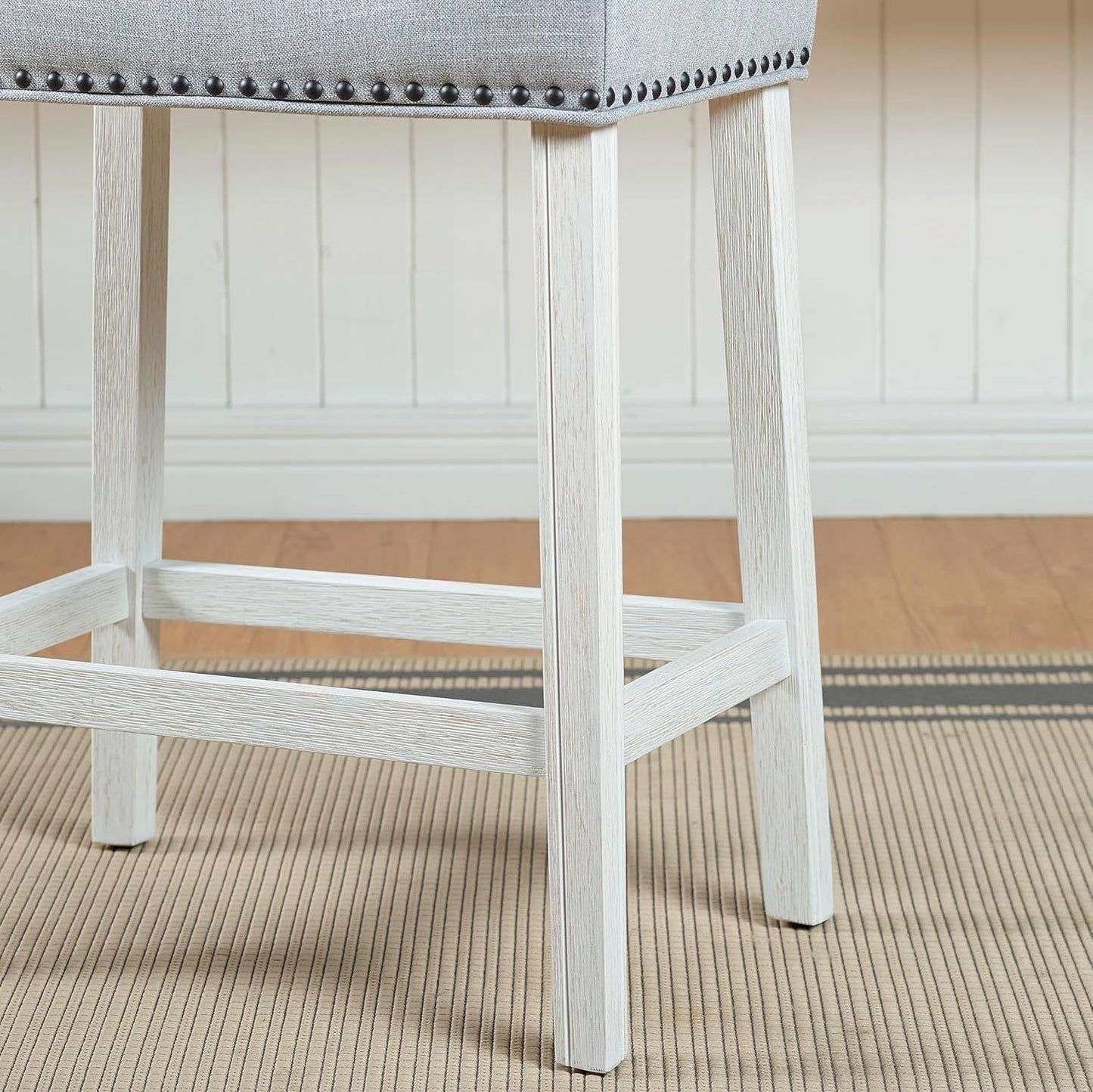 Roundhill Furniture Coco Upholstered Backless Saddle Seat Counter Stools 25.5" Height Set of 2, White-Wash Finish, Light Gray Fabric