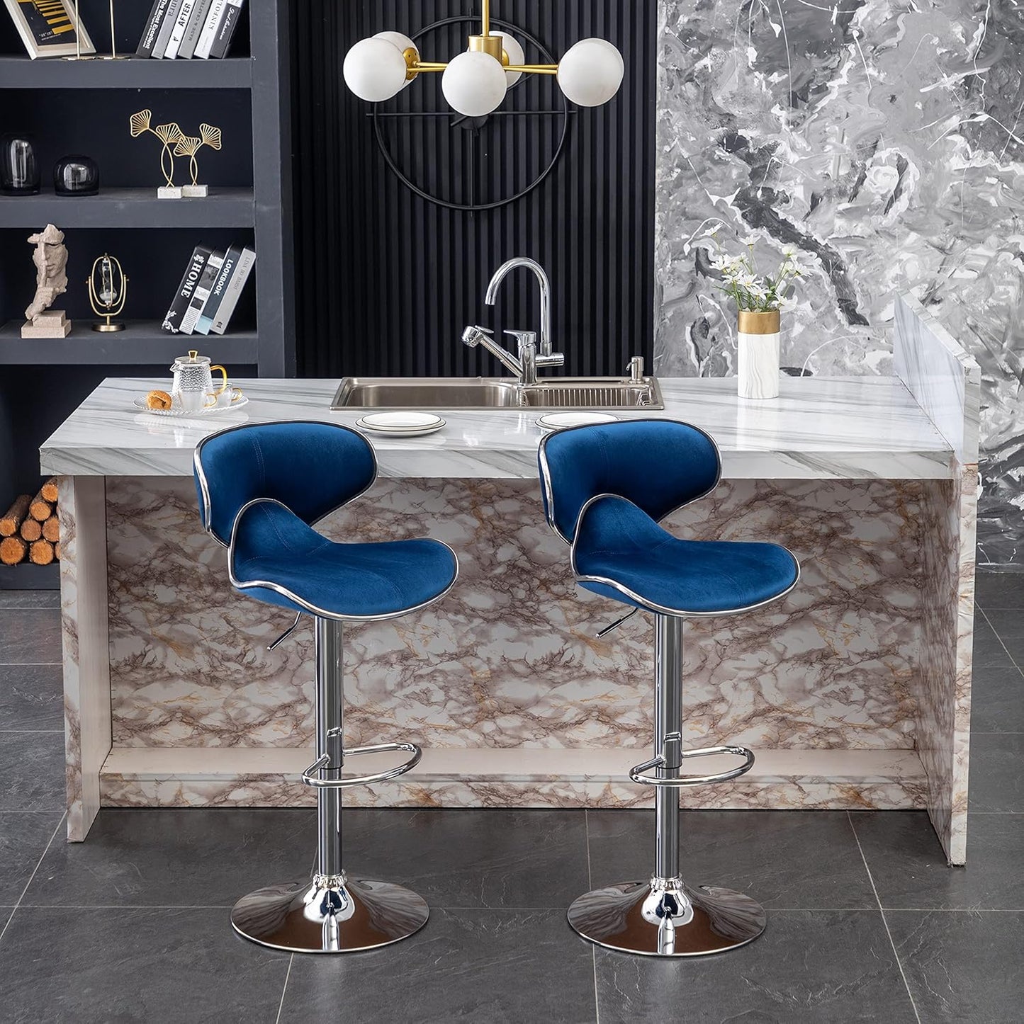 Roundhill Furniture Masaccio Velvet Upholstered Adjustable Swivel Barstool, Set of 2, Blue