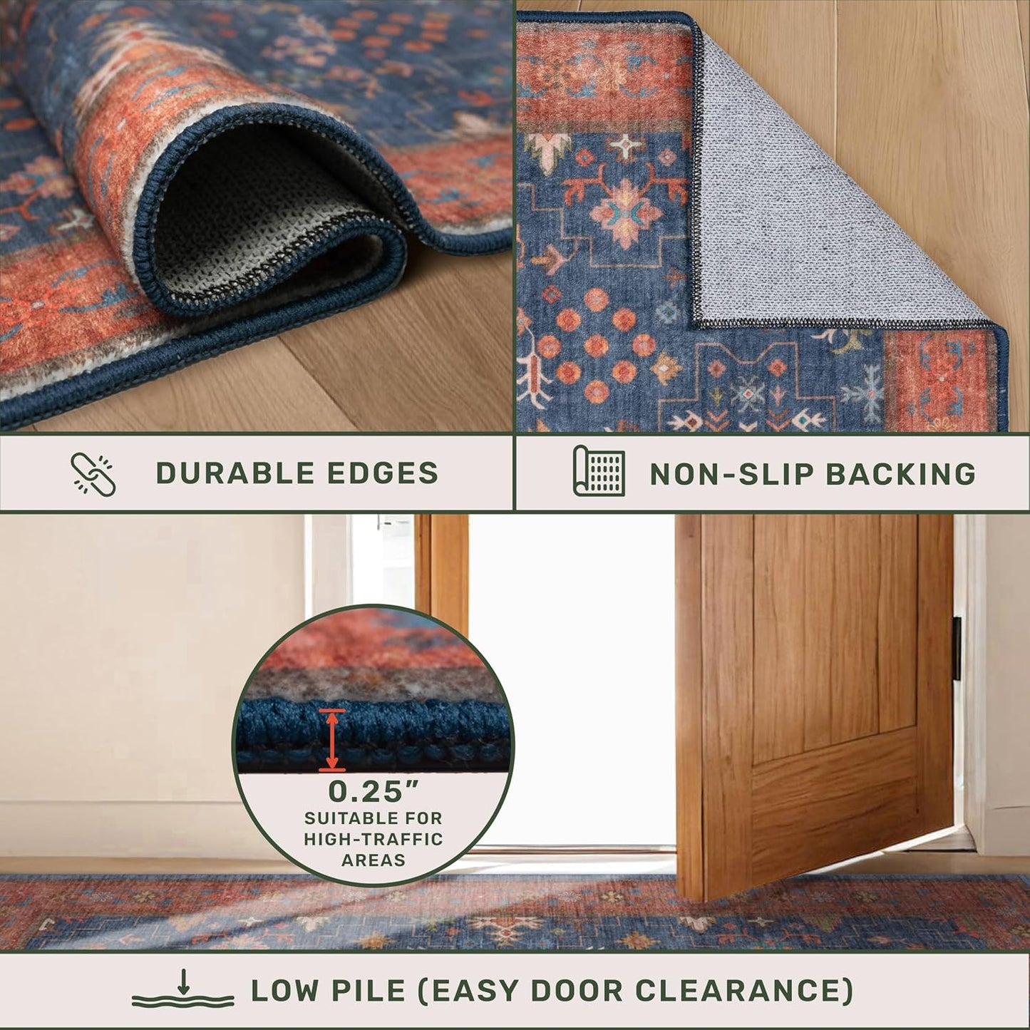 Washable 8 ft Long Runner for Kitchen Floor - Navy Blue Hallway Runner Rug, Pet Friendly Waterproof Non Slip with Rubber Backing, Stain Resistant Laundry Room Rug (2'6"x8' Navy Blue & Terracotta)