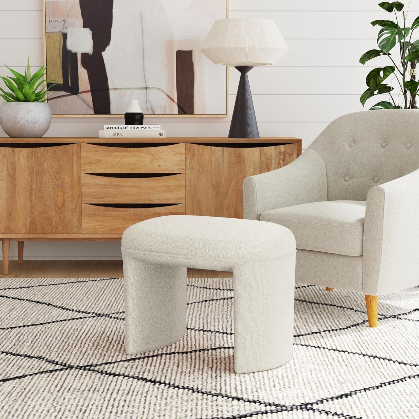 HomePop Quinn Modern Ottoman Home Décor|Ottoman for Living Room & Bedroom - Cream White Boucle