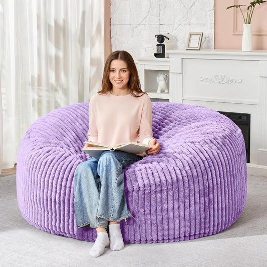 HABUTWAY 5FT Bean Bag Chair, 5' Large Bean Bag Chairs for Adults with Removable Stripe Plush Cover, Memory Foam Beanbag Chair for Living Room Bedroom Dorm (Purple)