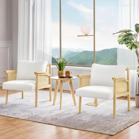 Yaheetech Accent Boucle Vanity Chair with Rattan Back Arms, Mid Century Upholstered Living Room Lounge Chair Bedroom Balcony White 2 PCS