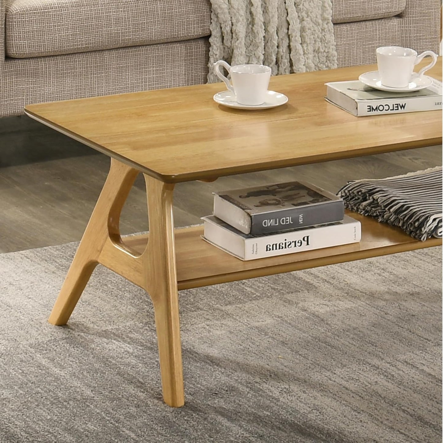 Roundhill Furniture Arona Mid-Century Modern Wood Shelf Coffee Table, Natural Oak Finish