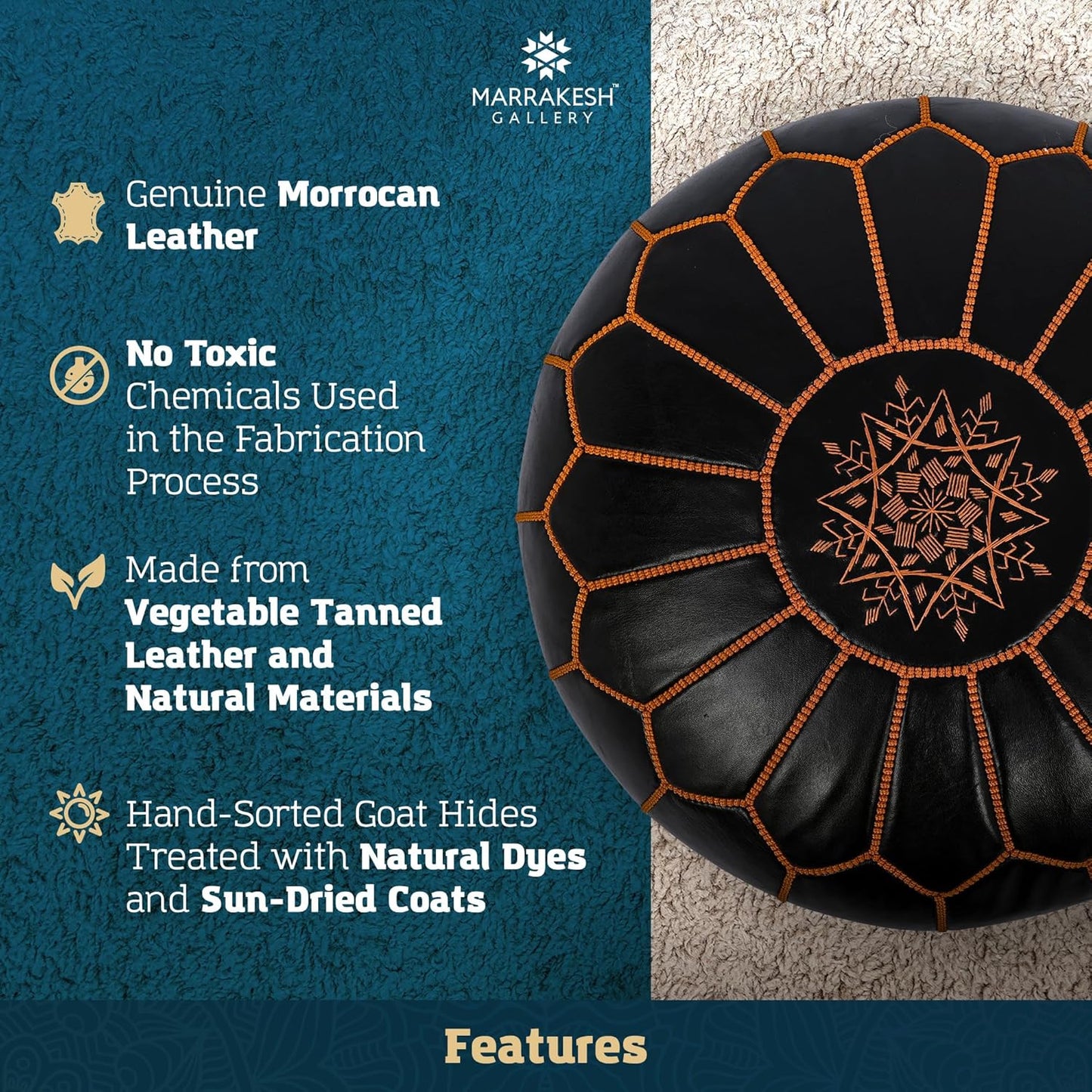 Marrakesh Gallery Genuine Leather Round Pouf Unstuffed - Moroccan Ottoman Footstool, Footrest Cover - Boho Decor - Bohemian Living Room, Bedroom, Kids Room, Gift & Wedding