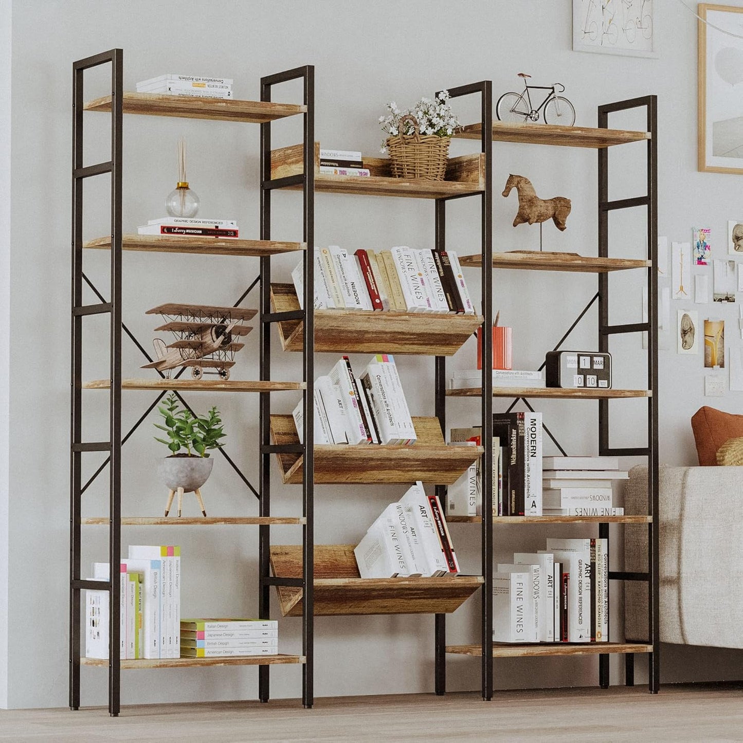 IRONCK Bookshelves and Bookcases 5 Tiers, Triple Wide Industrial Bookshelf, Large Etagere Bookshelf, Display Storage Bookshelves with Metal Frame for Living Room, Home Office