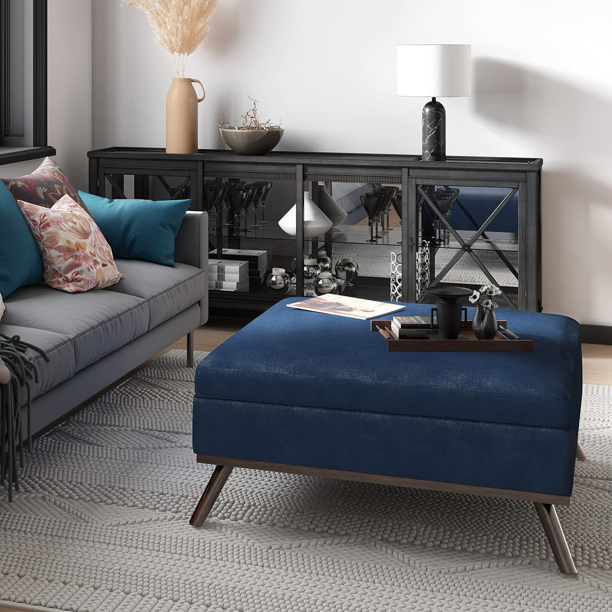 SIMPLIHOME Owen 36 inch Wide Mid Century Modern Square Coffee Table Storage Ottoman in Distressed Dark Blue Vegan Faux Leather, Assembled, for the Living Room, Entryway and Family Room