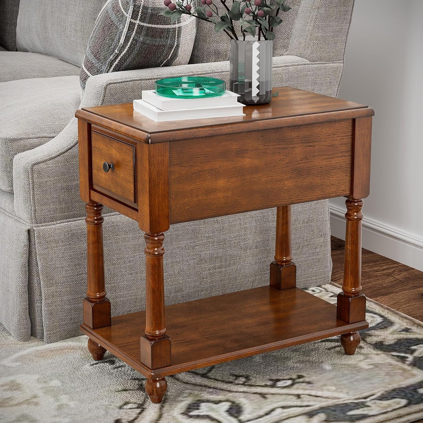 LEEMTORIG Set of 2 Solid Wood End Table Narrow Side Table with Drawer, Cherry Wood End Table Living Room, 13" W Slim Bedside Table, 22" D x 22.3" H, No-Tools Assembly, Beeswax Brown BBJ-004-DR