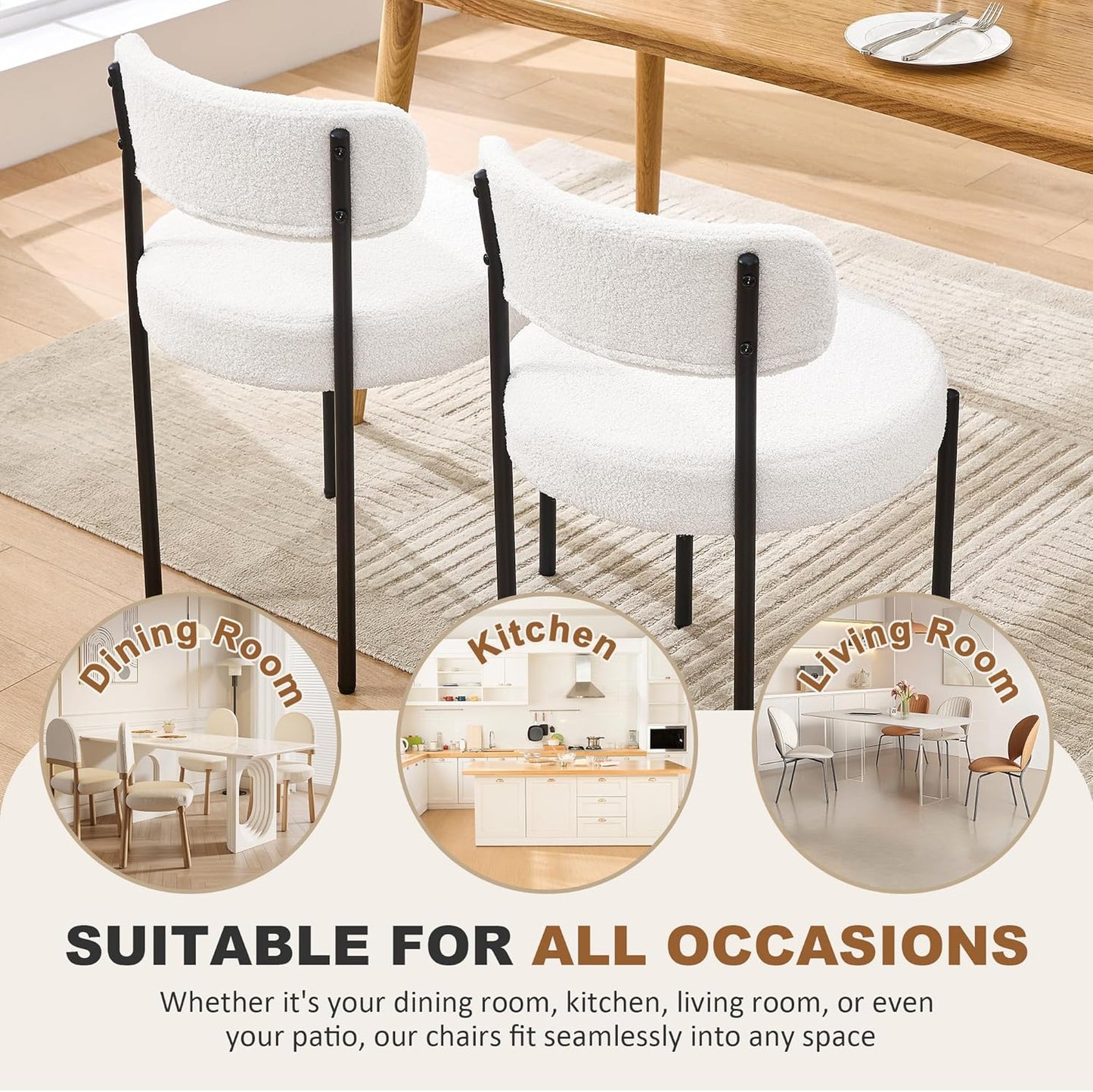 Dining Chairs Set of 2, White Boucle Dining Chair, Curved Backrest Upholstered Dining Room Chairs with Black Metal Legs, Mid Century Modern Dining Chairs for Kitchen, Living Room, White