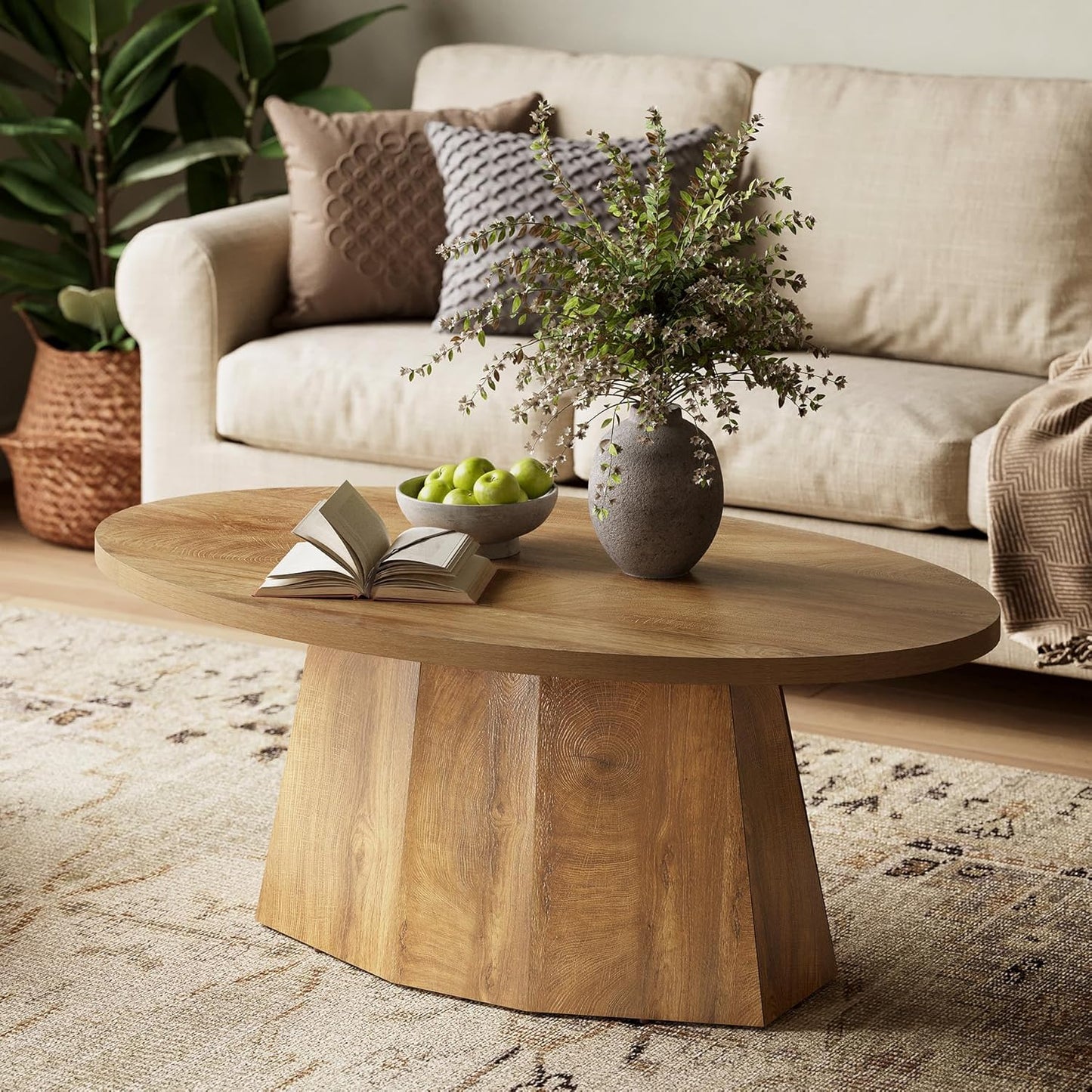 Oval Coffee Table, 47-Inch Living Room Table with Polygonal Pedestal, Modern Center Accent Furniture, Child-Friendly, Easy to Assembly, Yellowish Brown