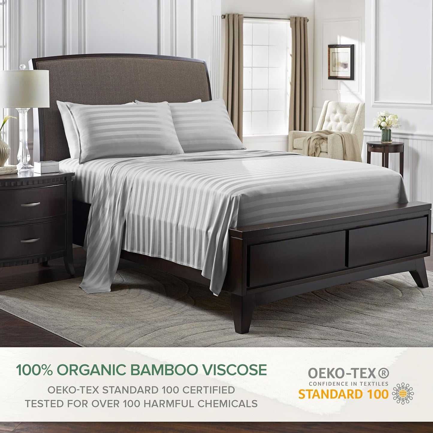 Full Sheets by Pure Bamboo, Genuine 100% Organic Viscose Derived from Bamboo Bed Sheet Set, Luxuriously Soft & Cooling, Double Stitching, Lifetime Quality Promise (Full, Jacquard Silver)