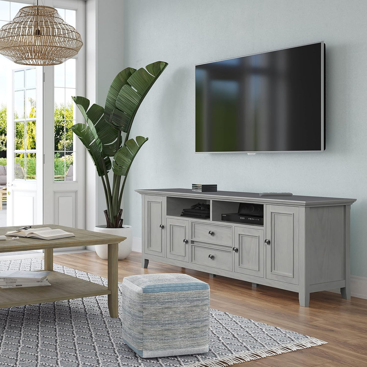 SIMPLIHOME Amherst 72-inch Wide Solid Wood TV Stand in Fog Grey, Transitional-Style Media Console for Living Room with Cable Management and Adjustable Shelves, Fits 80" TVs