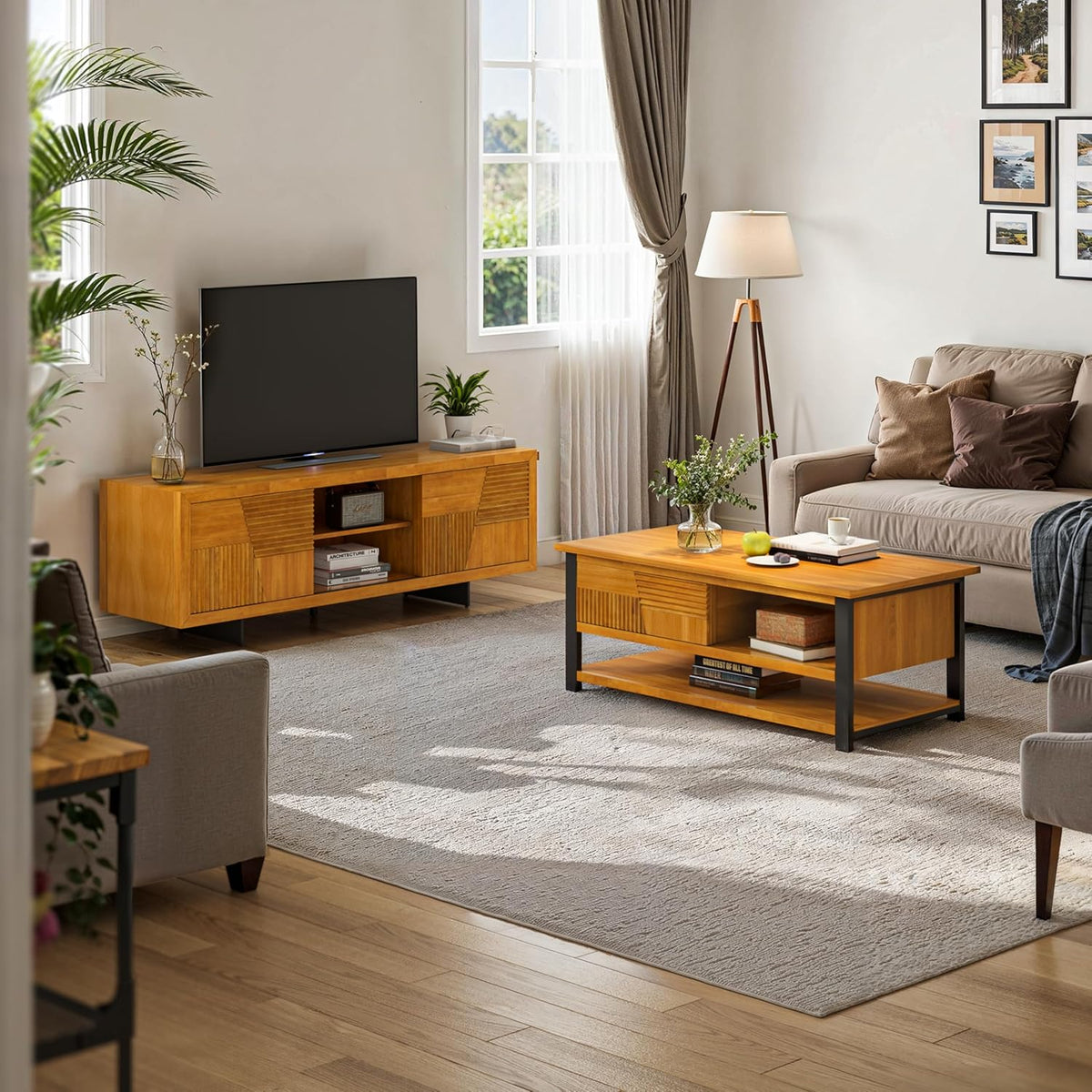 Bme Trapeze Coffee Table for Living Room – Modern Wooden Center Table with Storage, Metal Legs, Large Teak Brown Coffee Table for Stylish Living Room Furniture Setup