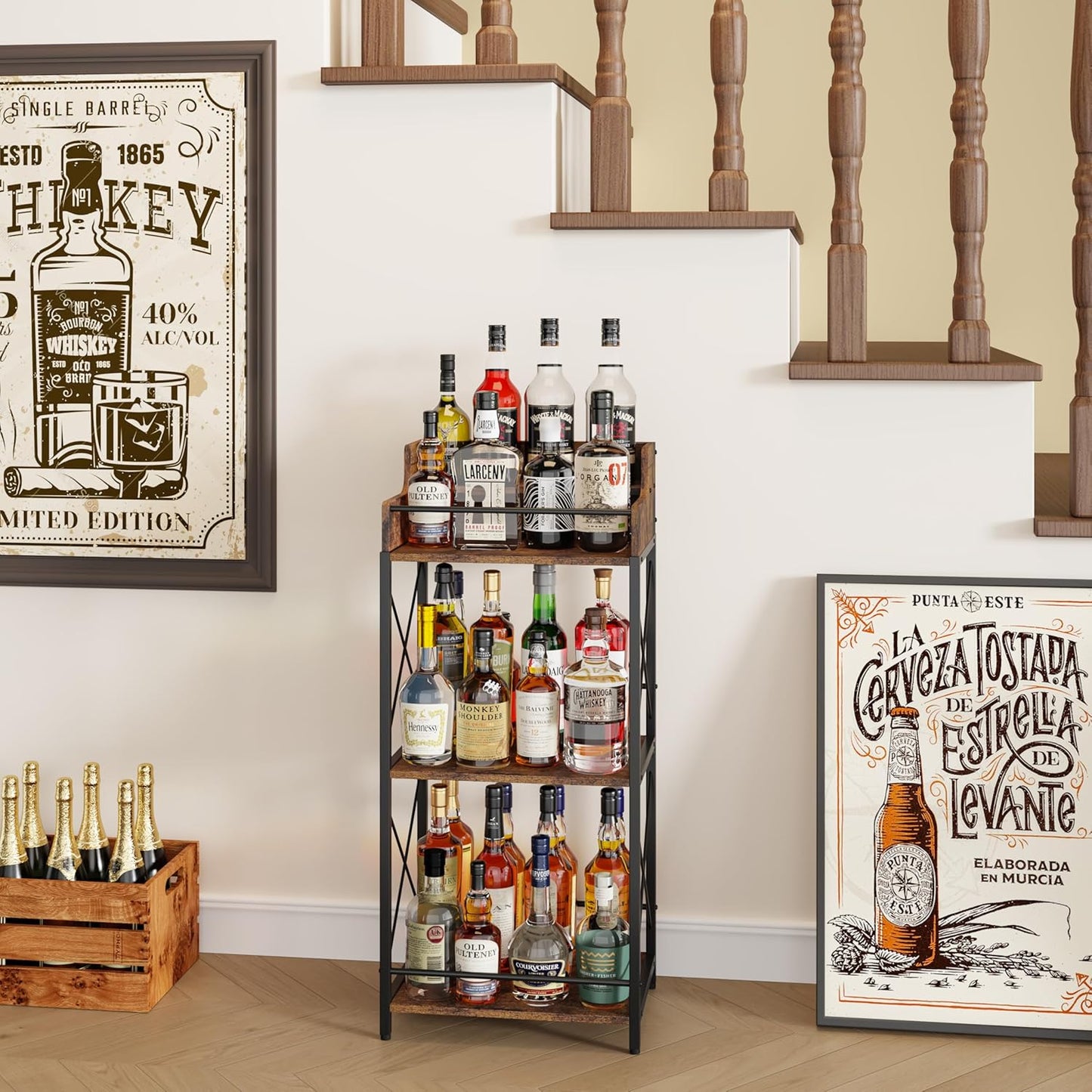 KLM Liquor Bottle Display Shelf, Coffee Syrup Rack Organizer, 3 Step Countertop Wine Rack, Mini Bar, Retro Bar Shelf Stand for Whiskey, Spirits