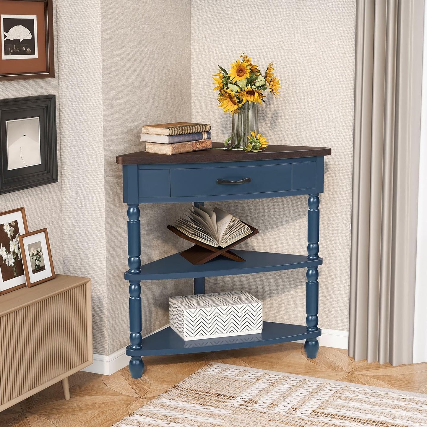 GDFStudio Trmxmbi 3 Tier Corner Console Table with 1 Storage Drawers and Shelves, 33.8'' Rustic Wood Triangle Sofa End Table for Small Spaces, Solid Wood Legs, Navy Blue and Espresso Top
