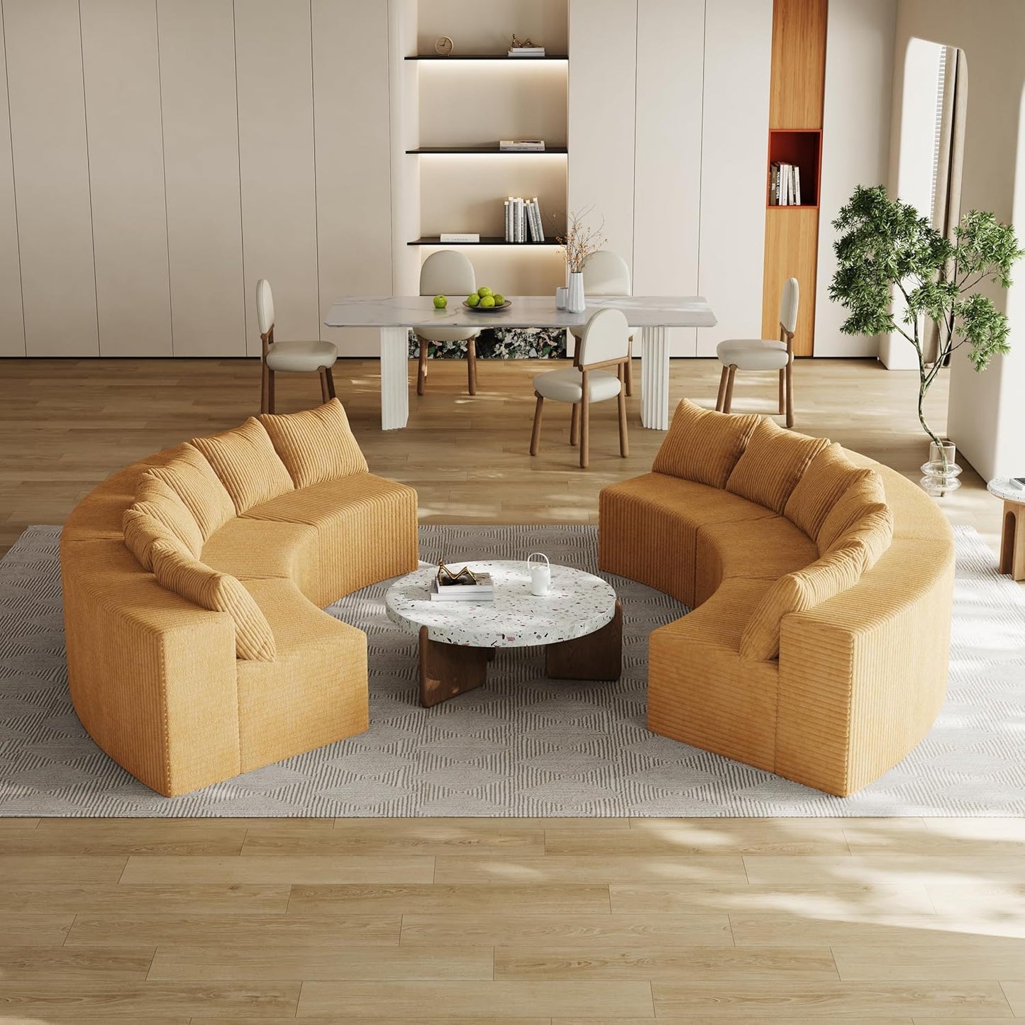 KEIKI Corduroy Curved Sectional Sofa, 6 Seater Symmetrical Modular Semi Circular Couch, Deep Seat Tufted Corner Sofa for Living Room, Lobby, Yellow