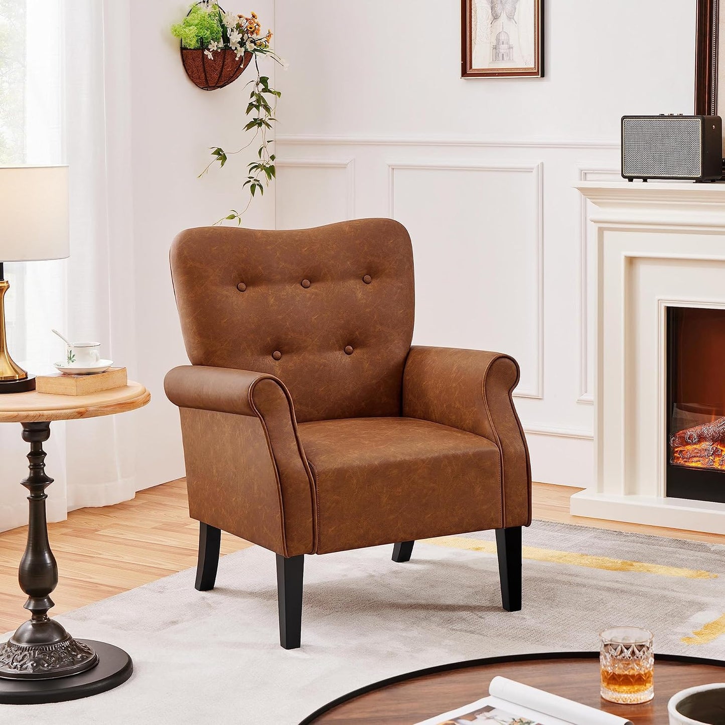 Yaheetech Modern Armchair, Mid Century PU Leather Accent Chair with Sturdy Wood Legs and High Back for Small Space, Upholstered Sofa Club Chair for Living Room/Bedroom/Office, Retro Brown