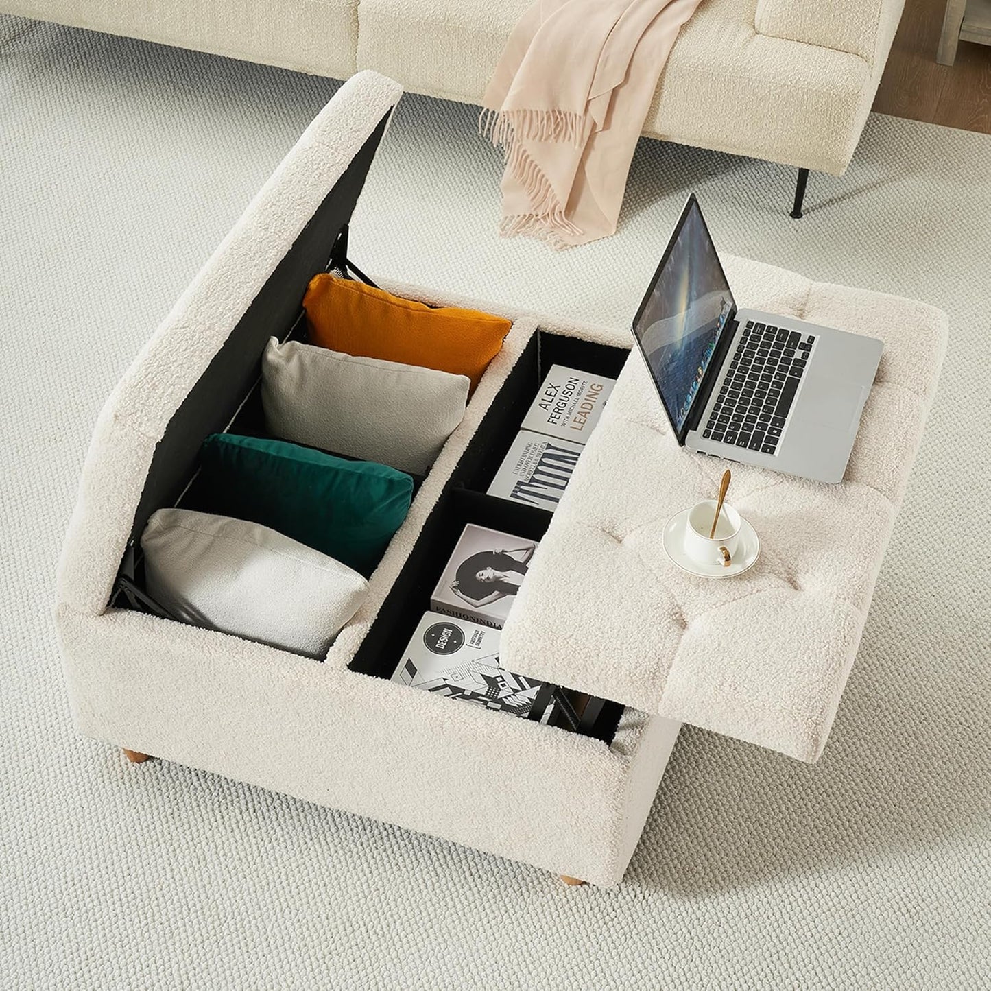 GAOMON Sherpa Storage Ottoman Coffee Table with Lift Top, Sherpa Fabric Tufted Upholstered Ottoman with Storage, Large Square Storage Ottoman Bench for Bedroom Living Room(Sherpa, White)