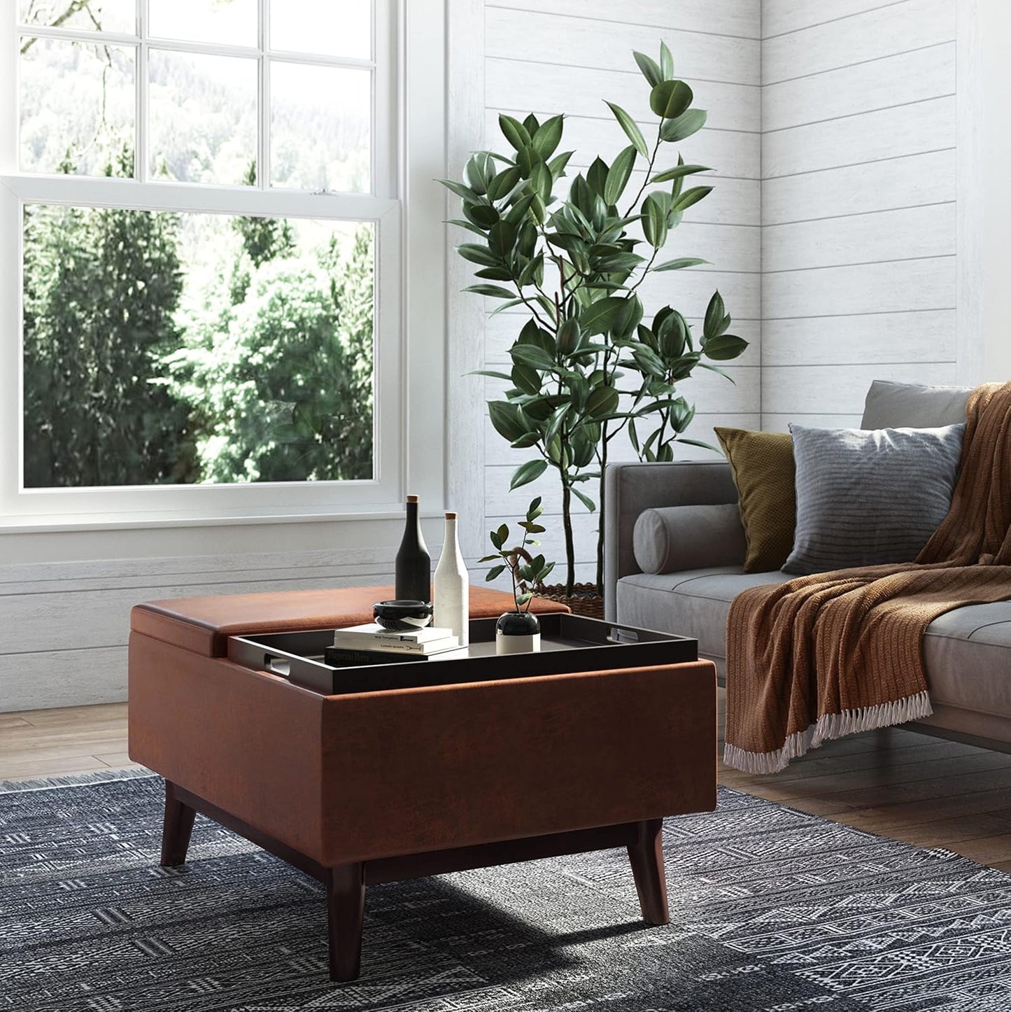 SIMPLIHOME Owen 34 inch Wide Mid Century Modern Rectangle Tray Top Small Coffee Table Storage Ottoman in Distressed Saddle Brown Vegan Faux Leather, Assembled, For the Living Room and Entryway