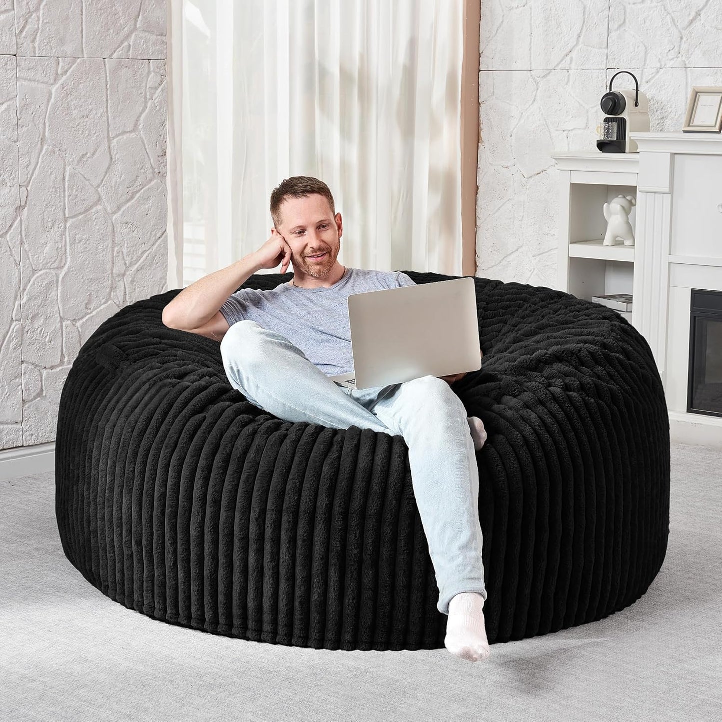 HABUTWAY 4FT Bean Bag Chair, 4' Large Bean Bag Chairs for Adults with Removable Stripe Plush Cover, Memory Foam Beanbag Chair for Living Room Bedroom Dorm (Black)