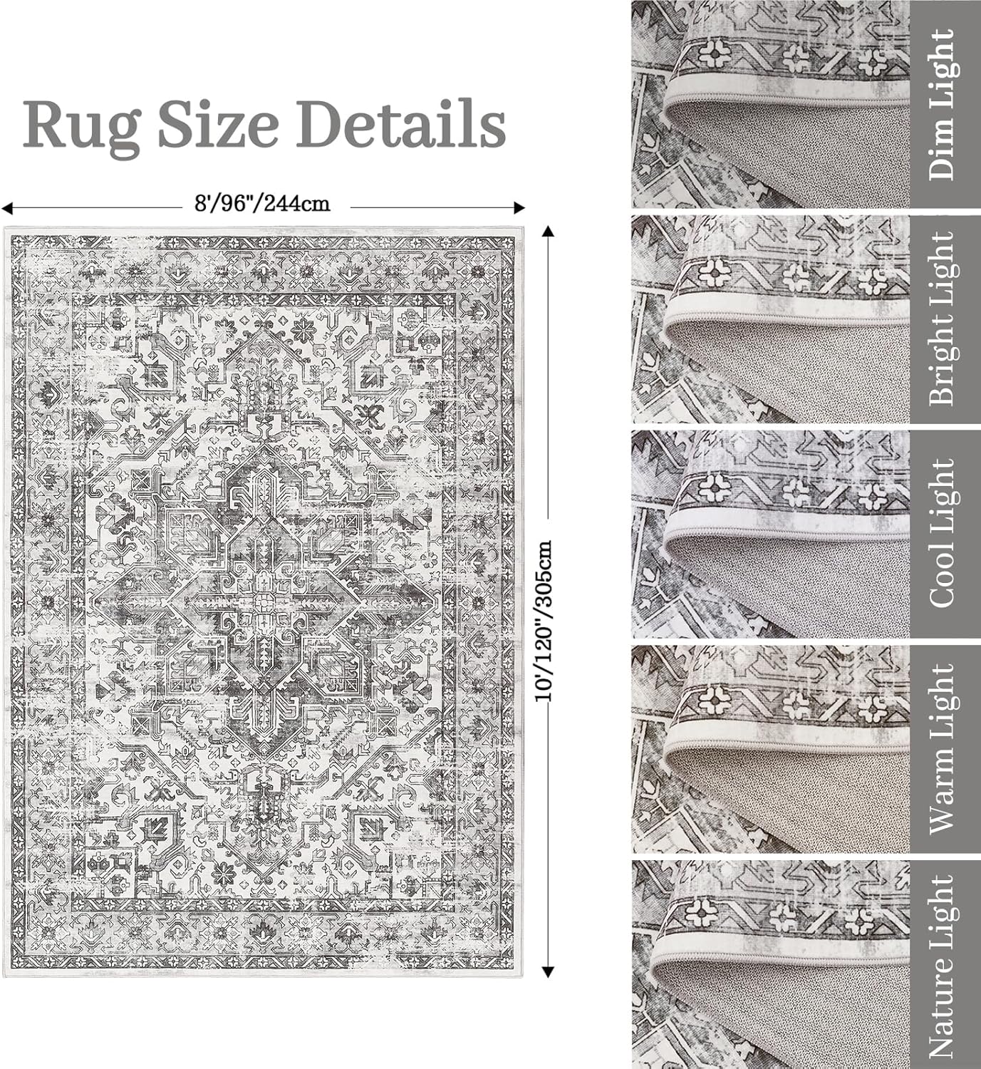 zesthome 8x10 Area Rugs for Living Room,Non-Slip Backing Washable Rugs,Vintage Large Area Rug，Stain Resistant Home Decor Rug (Grey/White,8'x10')