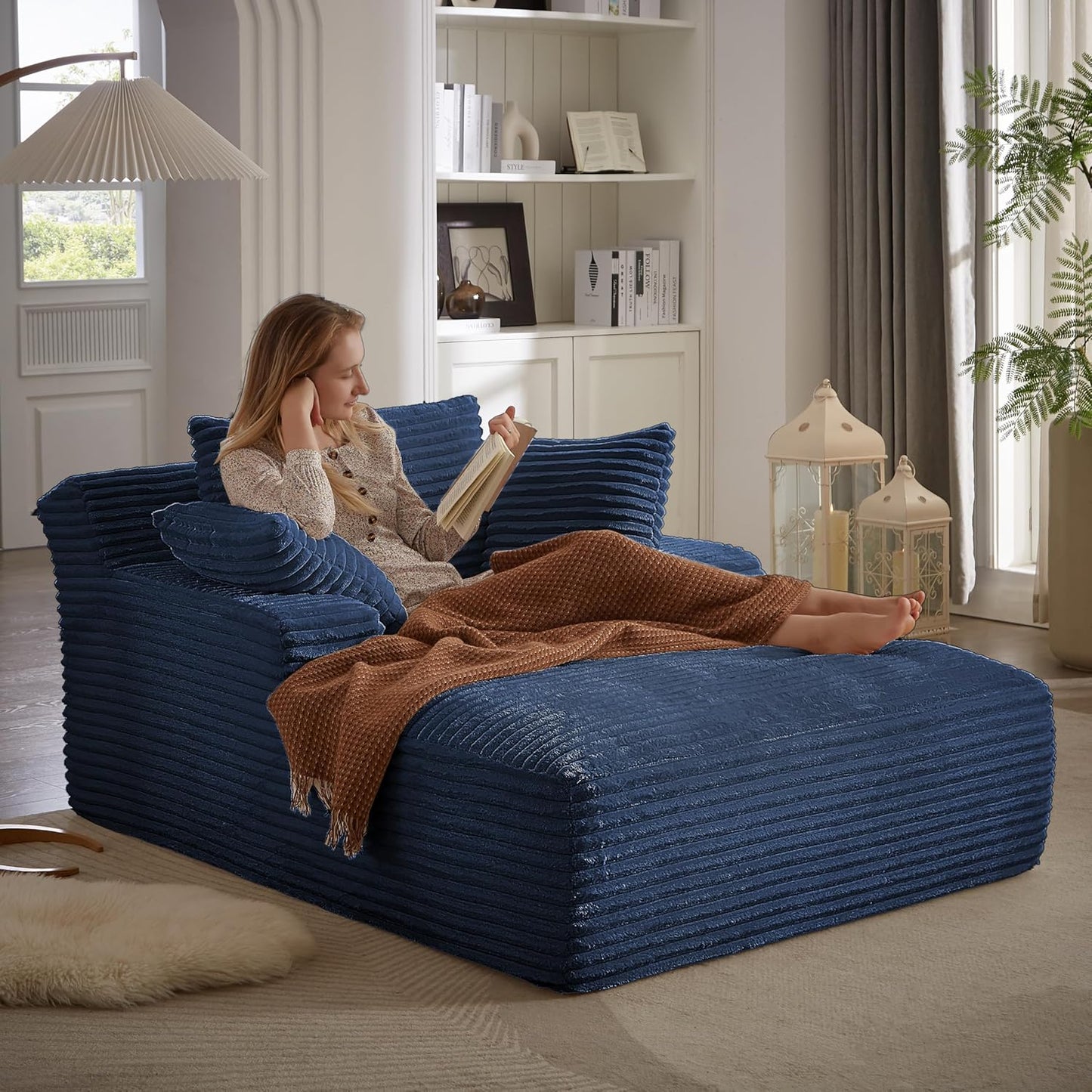 Oversized Chaise Daybed Lounge Sleeper Chair Sofa Full Foam Cloud Chaise Sofabed for Living Room,Luxury Plush Corduroy Upholstered Sleeper Couch Extra Wide Chair Bed W/3 Pillows for Home/Apartment