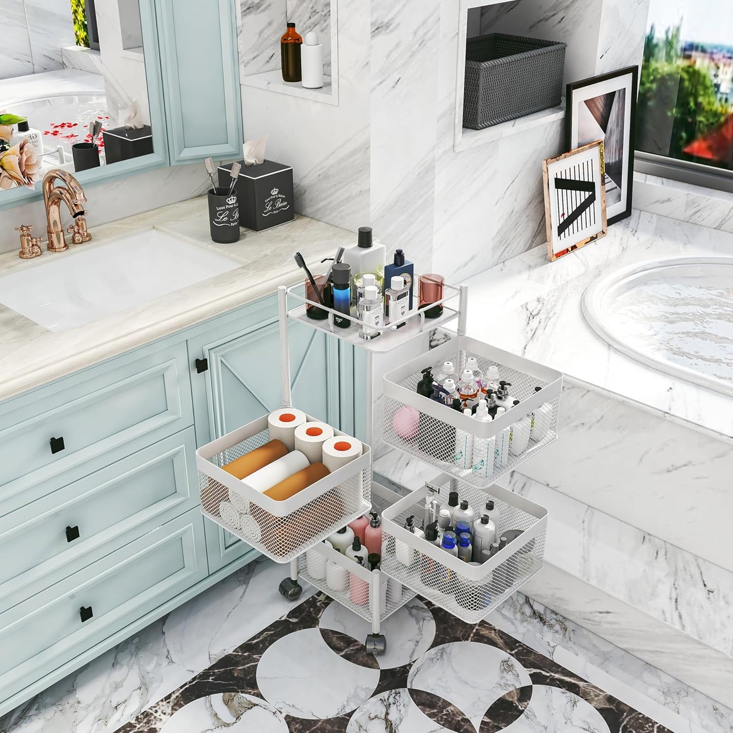 Rotating Kitchen Storage Rack,Fruit and Vegetable Basket Cart,Bathroom Shelf,Kitchen Organization and Storage Rack,Rolling Carts on Wheels(White, 4 Tier-Square)