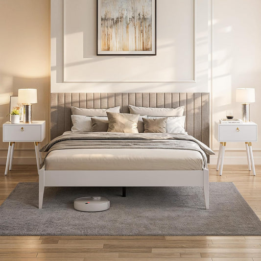 Bme Dinkee Signature Ivory White Queen Bed Frame Without Headboard - Modern & Minimalist Style with Acacia Wood - 12 Strong Wood Slat Support - Easy Assembly - No Box Spring Needed