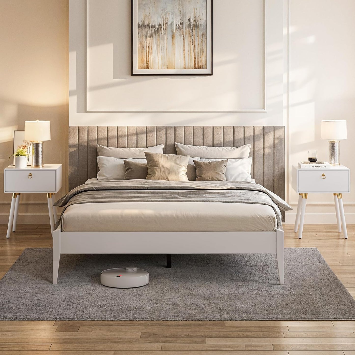 Bme Dinkee Signature Ivory White King Bed Frame Without Headboard - Modern & Minimalist Style with Acacia Wood - 12 Strong Wood Slat Support - Easy Assembly - No Box Spring Needed