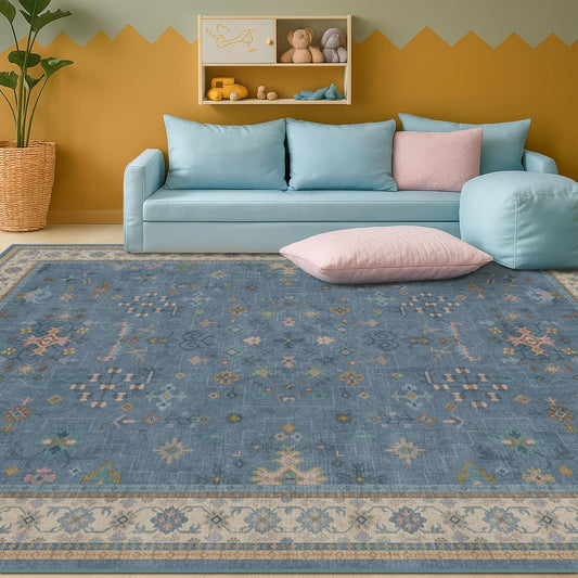 Boho 7x9 Living Room Rugs - Modern Dark Blue Dining Room Rug for Under Table, Lightweight Washable Foldable Low Pile Carpet, Eclectic Floral Bedroom Décor Aesthetic