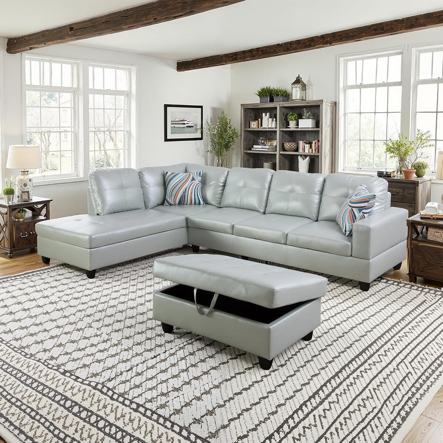 NicBex Sectional Couch 3 Pieces Sofa Set with Right Chaise PU Synthetic Leather L Shaped Cloud Couch for Living Room Furniture Sets with Storage Ottoman, Modular Sofa for Apartment, Silver Green