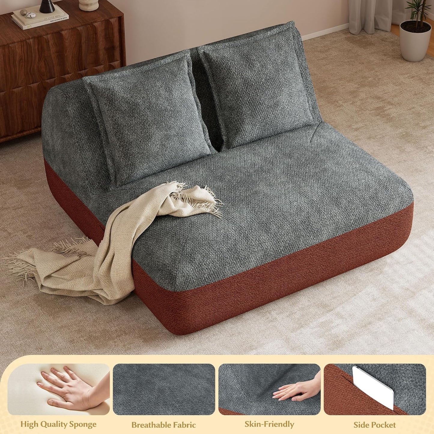Hobestluk Small Sofa Couch Lounge Sofa Chair for Living Room, Comfy Memory Foam Couch, Mini Sofa with Side Pocket for Living Room, Bedroom (Terracotta+Grey)