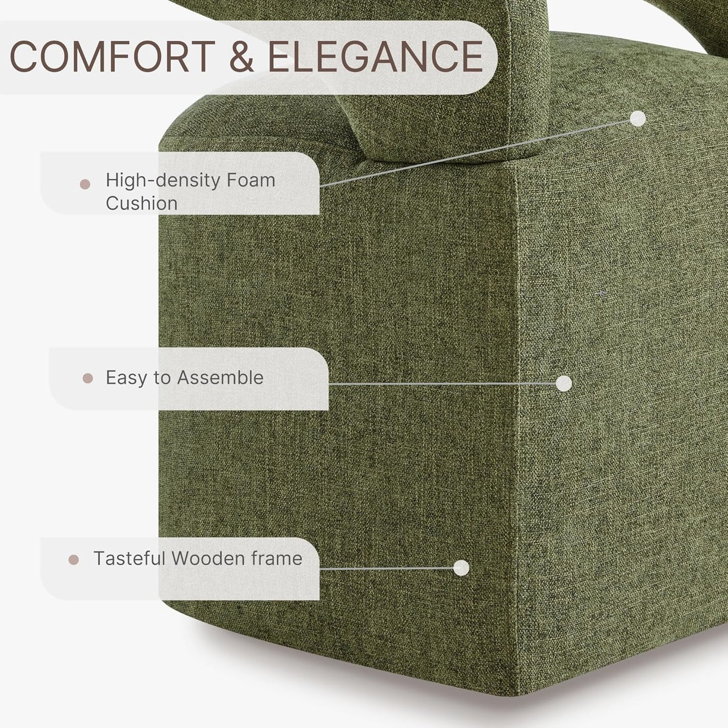 Upholstered Dining Chairs with Casters Easy Assembly Require Modern Barrel Armchair with Rollers for Diningroom Bedroom Livingroom Reading Room,Set of 2,Green
