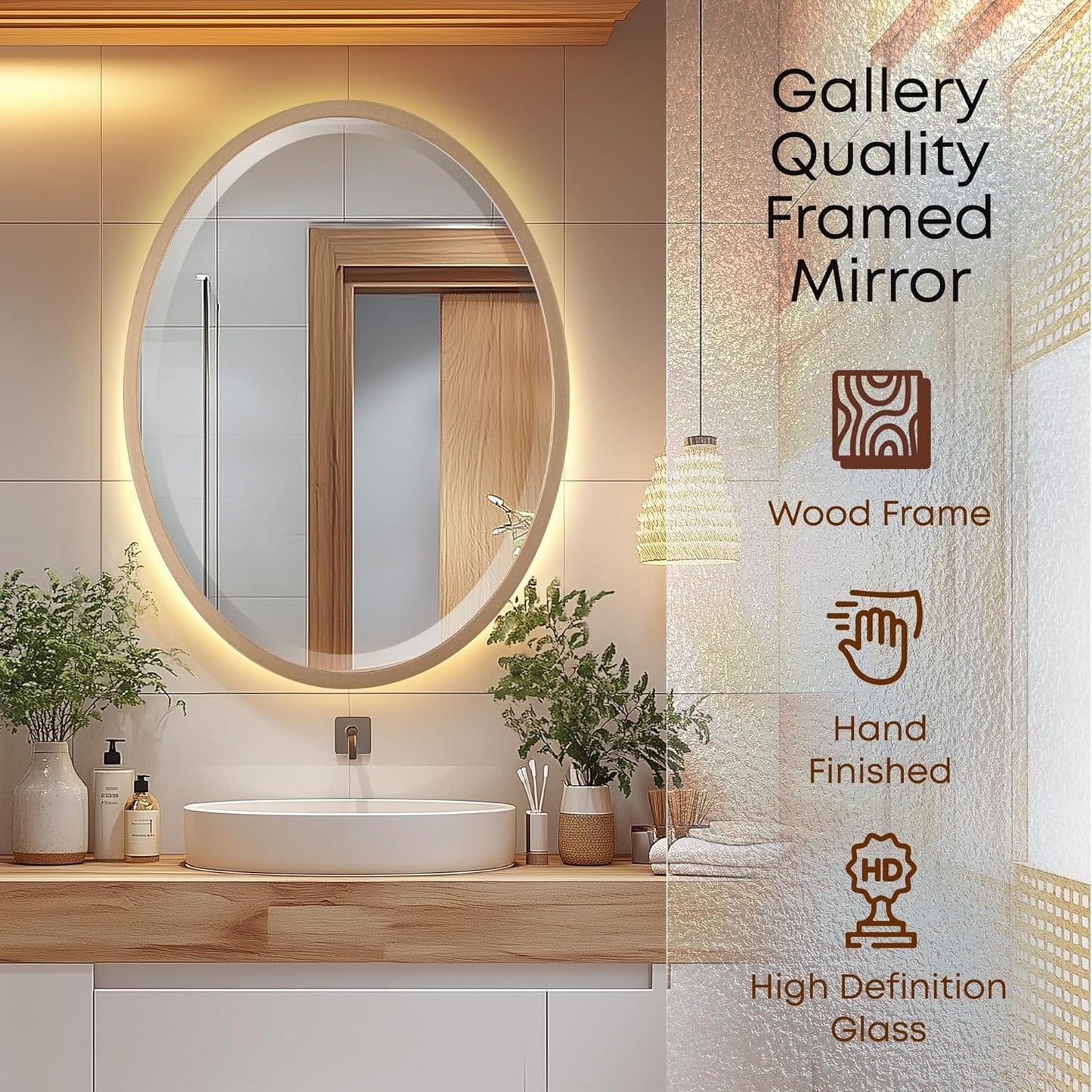 OVALCREST - Oval Wooden Beveled Wall Mirror for Home Decor, Bathroom, Vanity, Bedroom, Living Room, Hallway - London Style (Gold Spray) 13.1 x 17.1