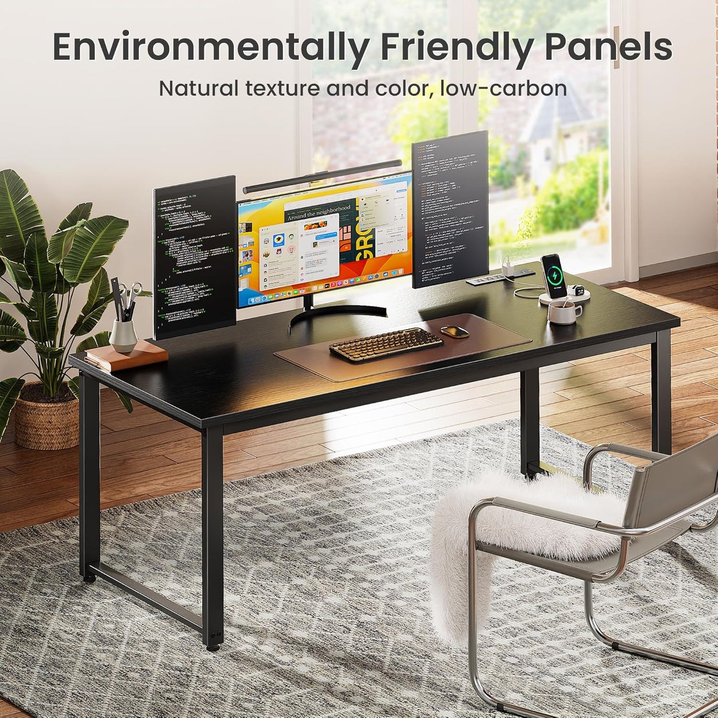 Huuger 55 x 24 inch Desk with Power Outlets & USB-C, Deeper & Thicker Desktop, Robust Metal Tubes, Computer Desk, Heavy Duty Office Desk, Work Gaming Desk for Home Office, Black