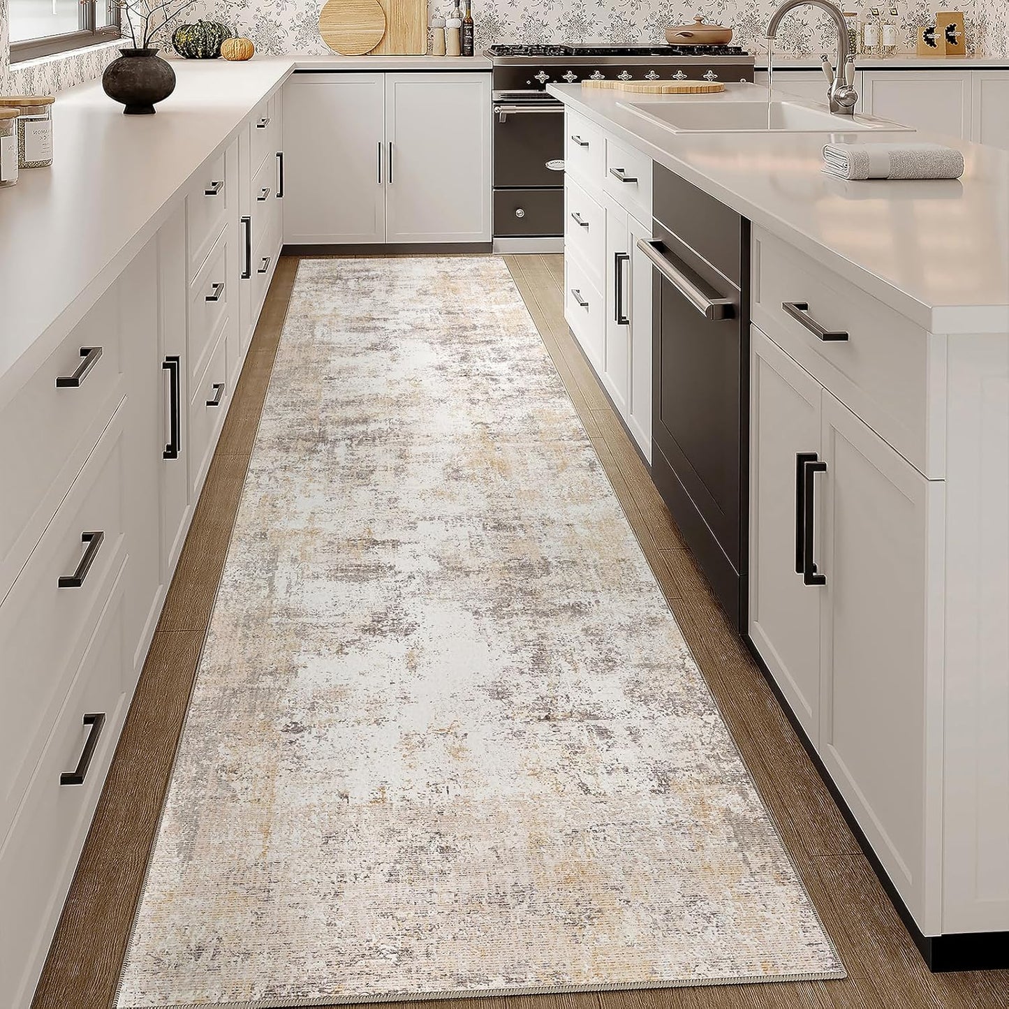 2x12 Washable Runner Rug Beige Grey Neutral Abstract Hallway Kitchen Living Room Bedroom Non Slip Throw Rug Soft Low Pile Indoor Carpet for Entrance Laundry Bathroom